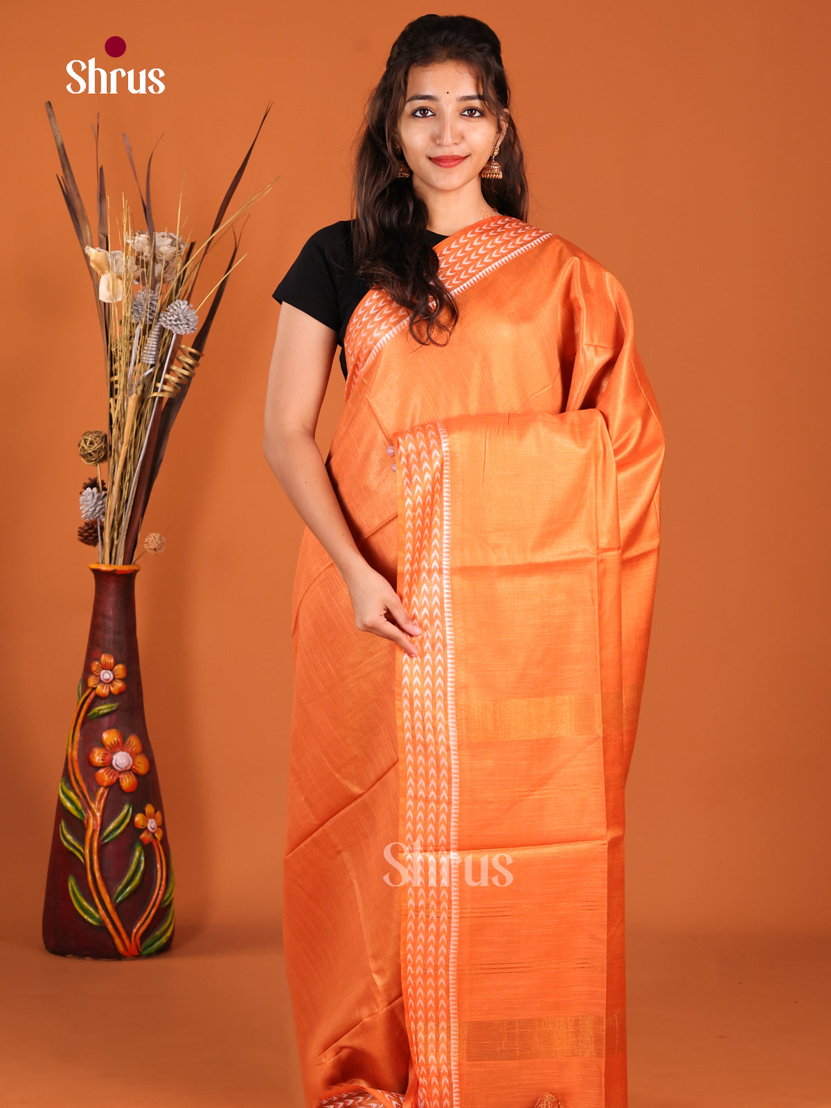 Orange - Semi Tissue Saree - Shop on Shrus.com