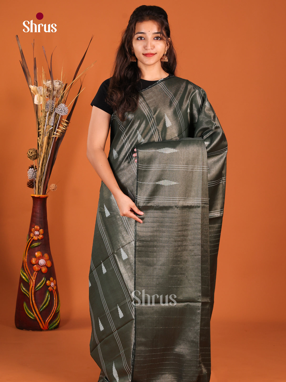 Dark Green - Semi Tissue Saree - Shop on Shrus.com