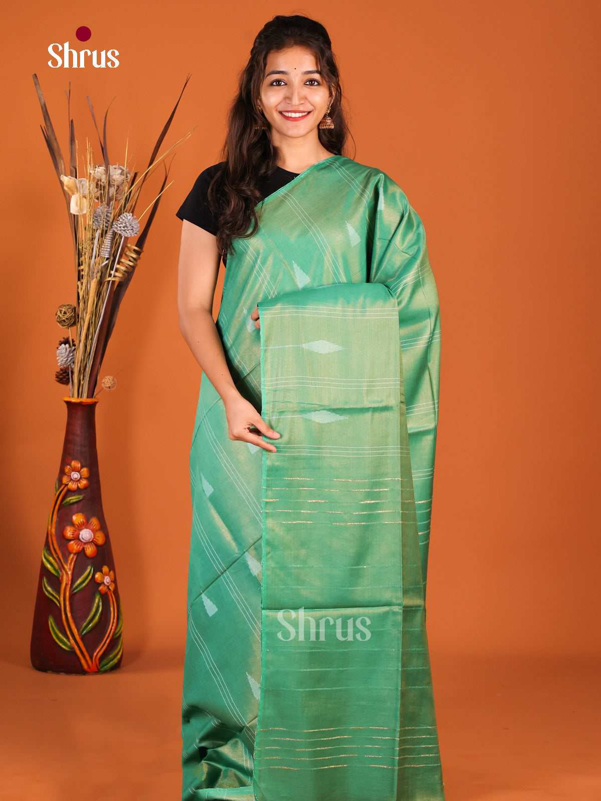 Green - Semi Tissue Saree - Shop on Shrus.com