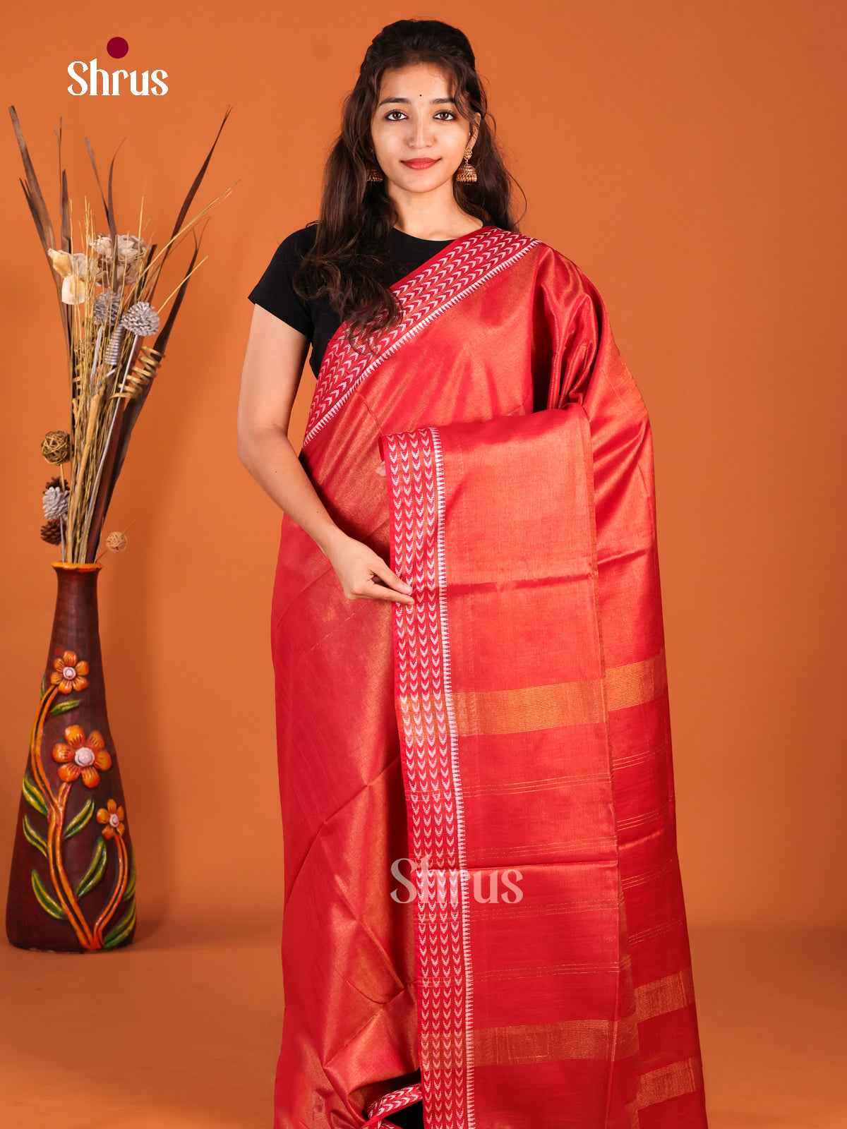 Red - Semi Tissue Saree