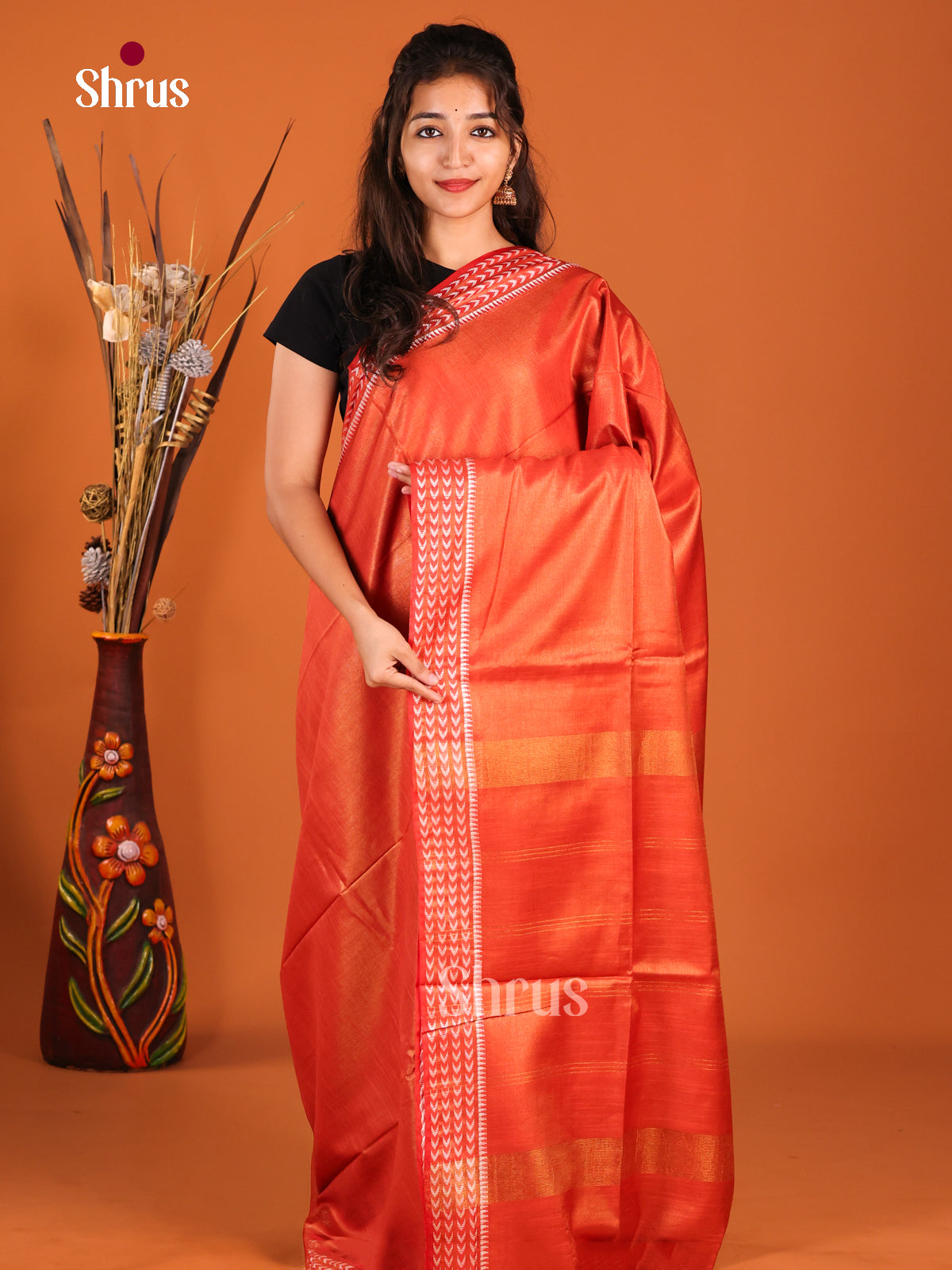Orange - Semi Tissue Saree