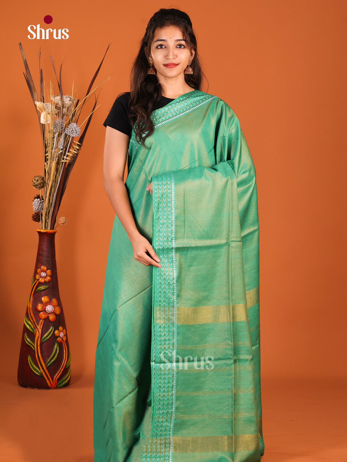 Green - Semi Tissue Saree - Shop on Shrus.com