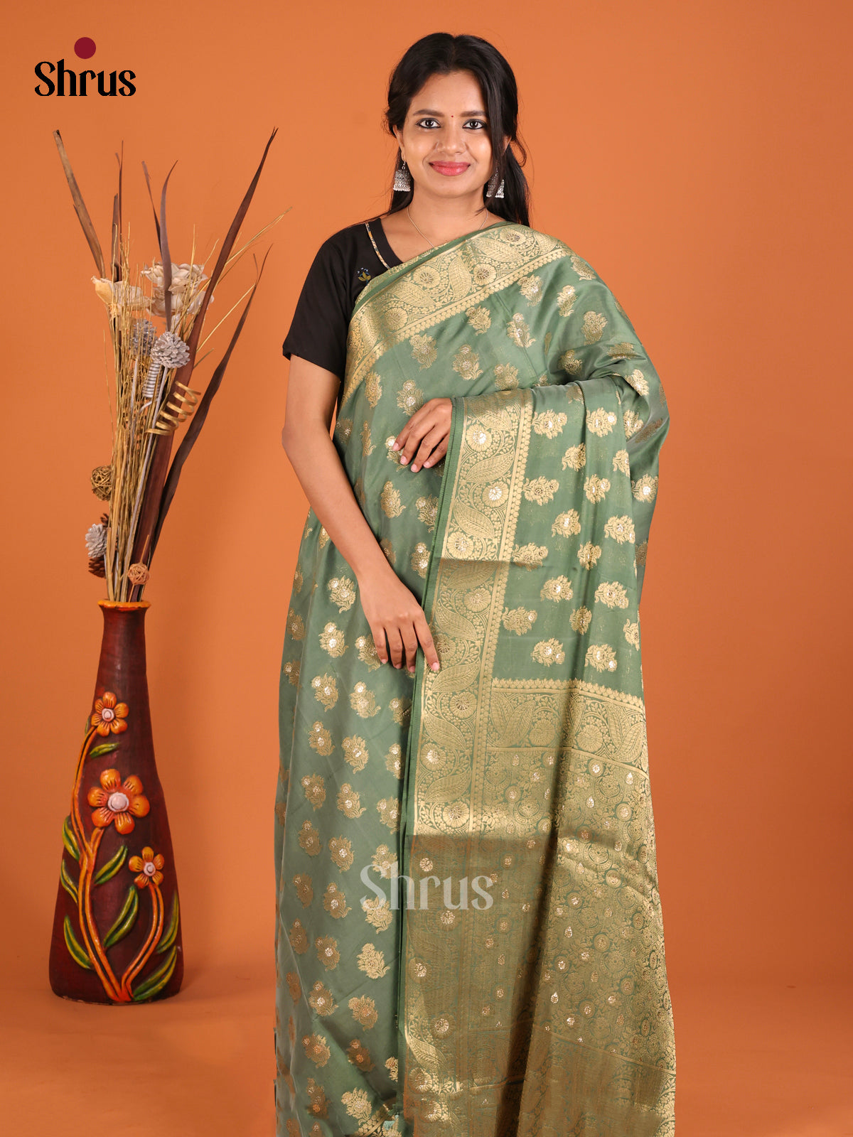 green and golden North Silk Cotton Saree