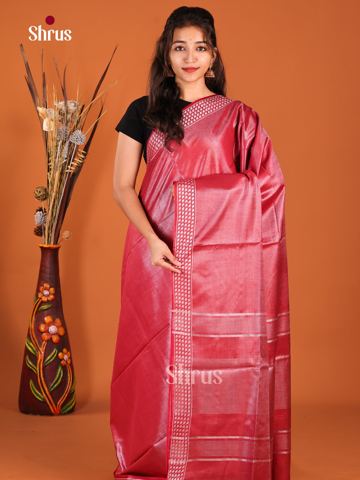 Maroon - Semi Tissue Saree - Shop on Shrus.com