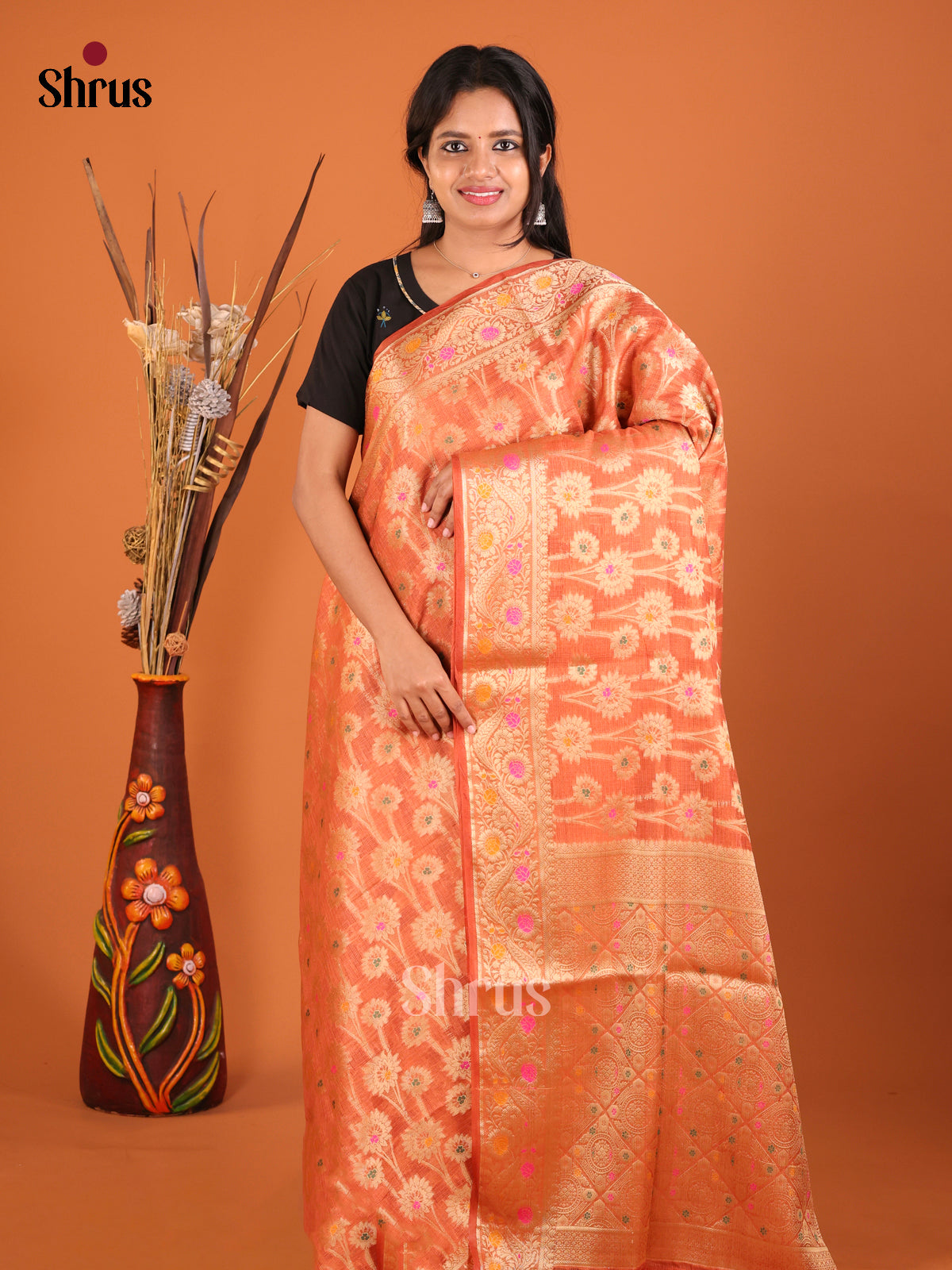 orange flower zari North Silk Cotton Saree