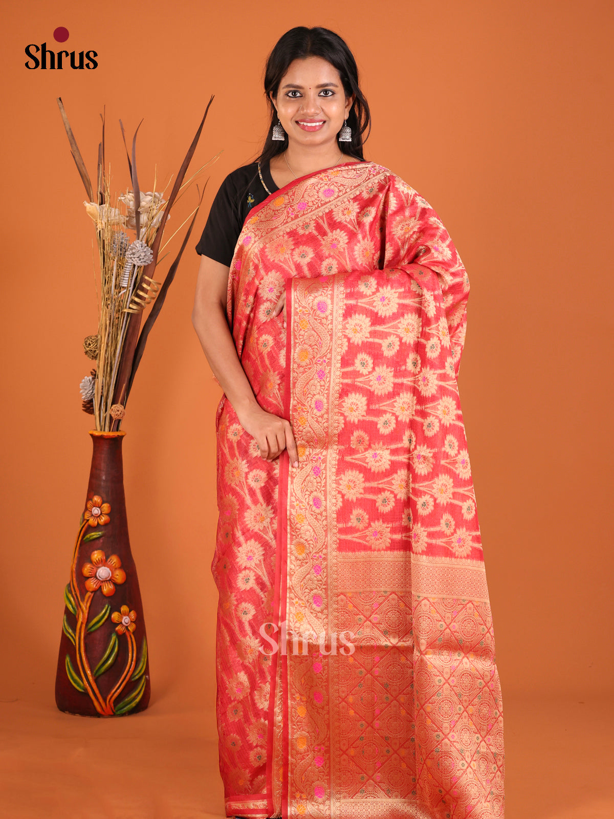 red flower gold zari North Silk Cotton Saree