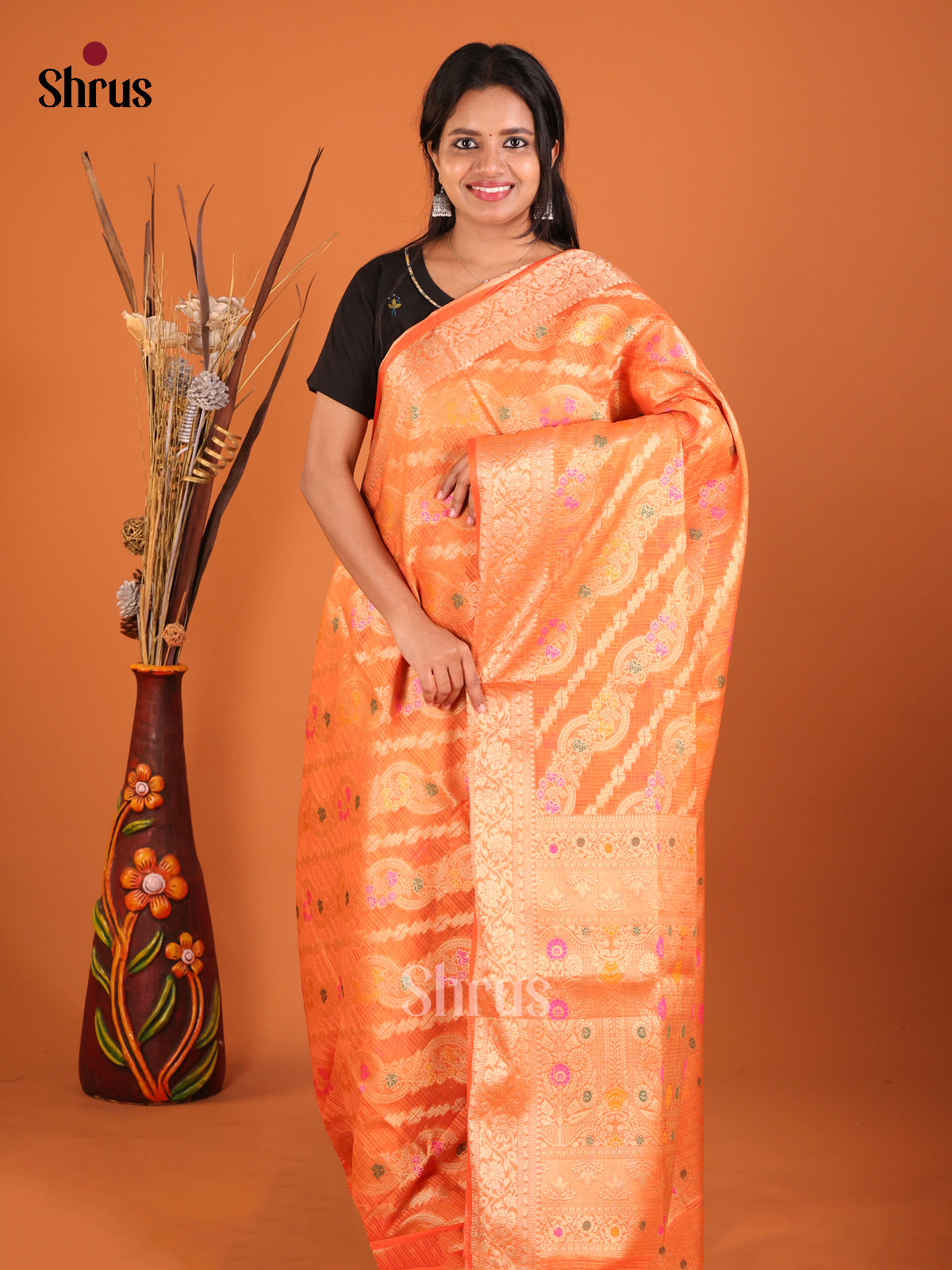 orange lined zari North Silk Cotton Saree
