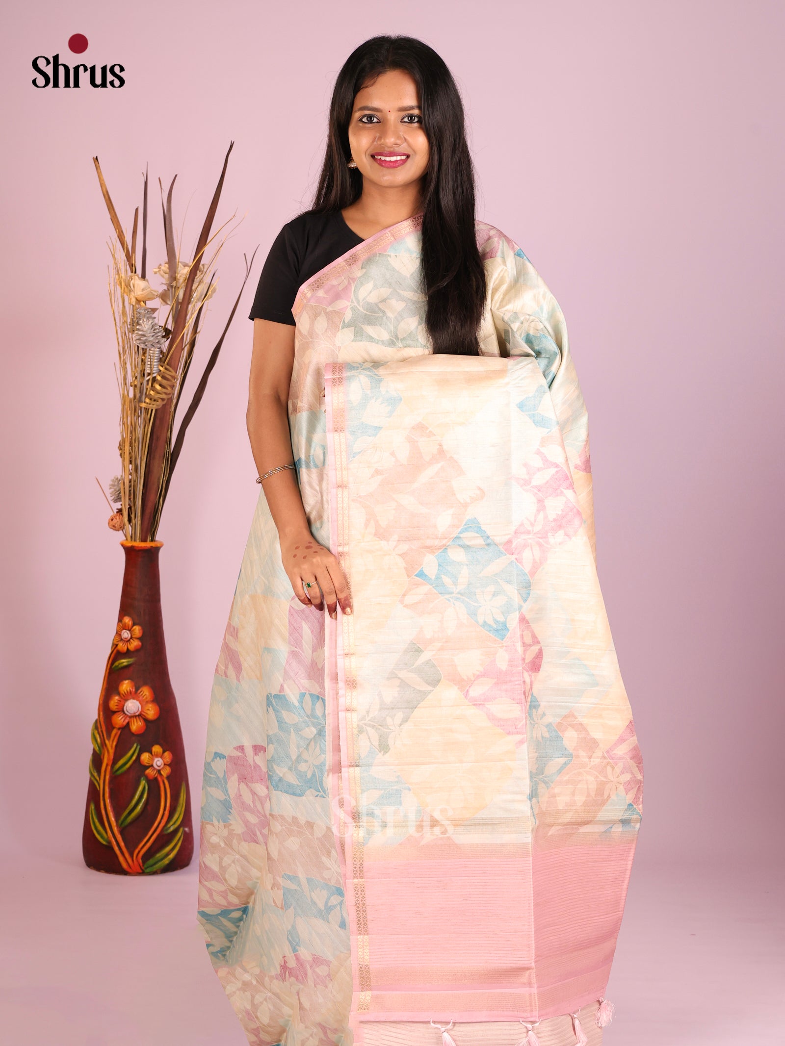 Cream & Pink - Printed Semi Tussar Saree