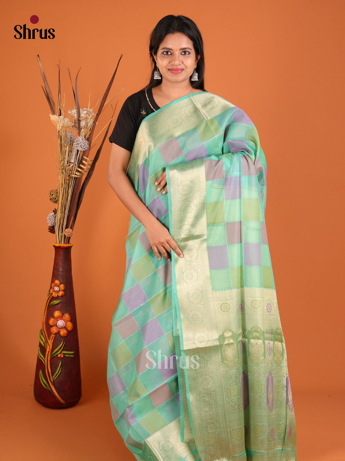 shiny blue green lavender North Silk Cotton Saree