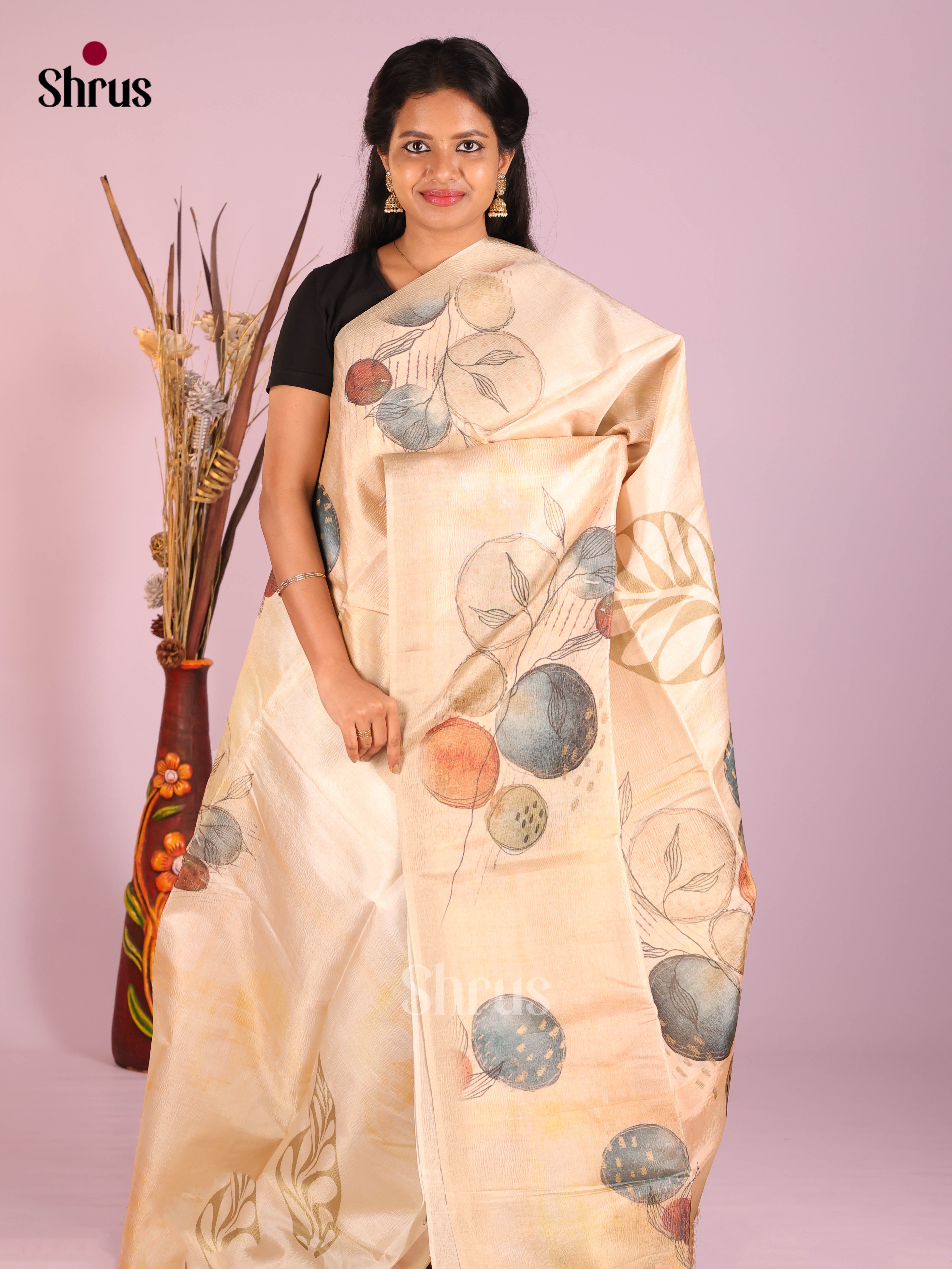 Cream - Bamboo silk Saree