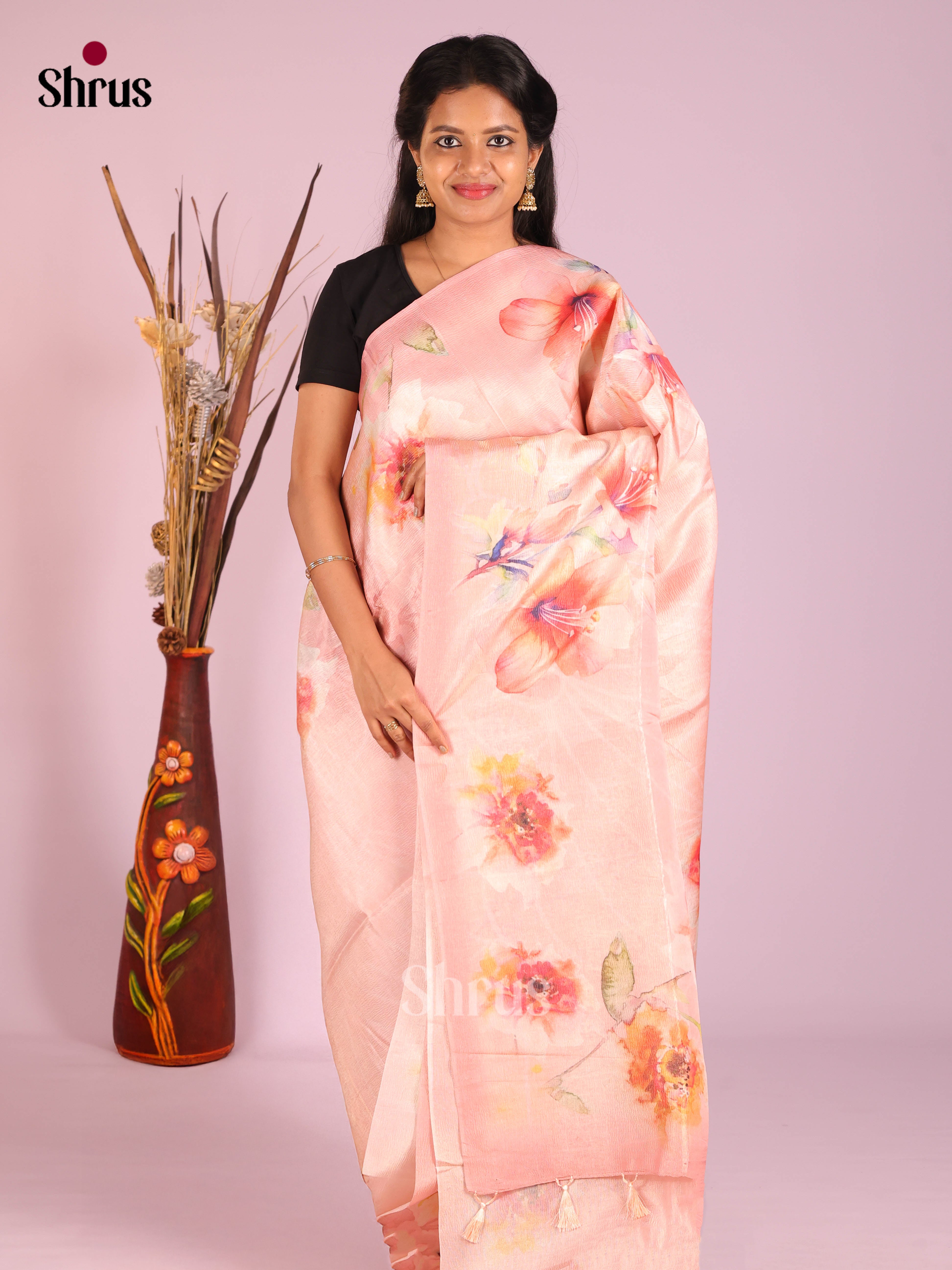 Pink - Bamboo silk Saree