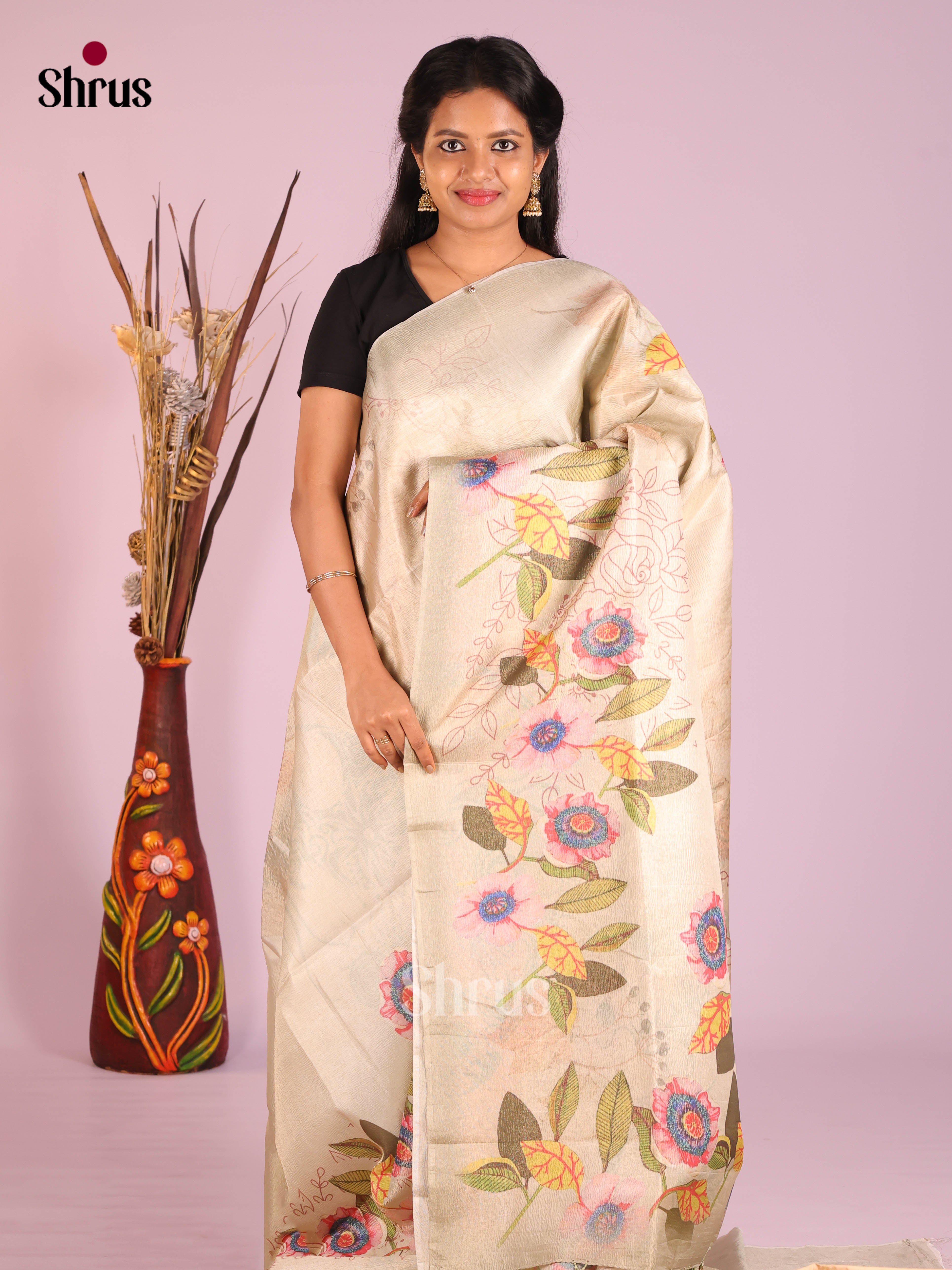 Cream- Bamboo silk Saree