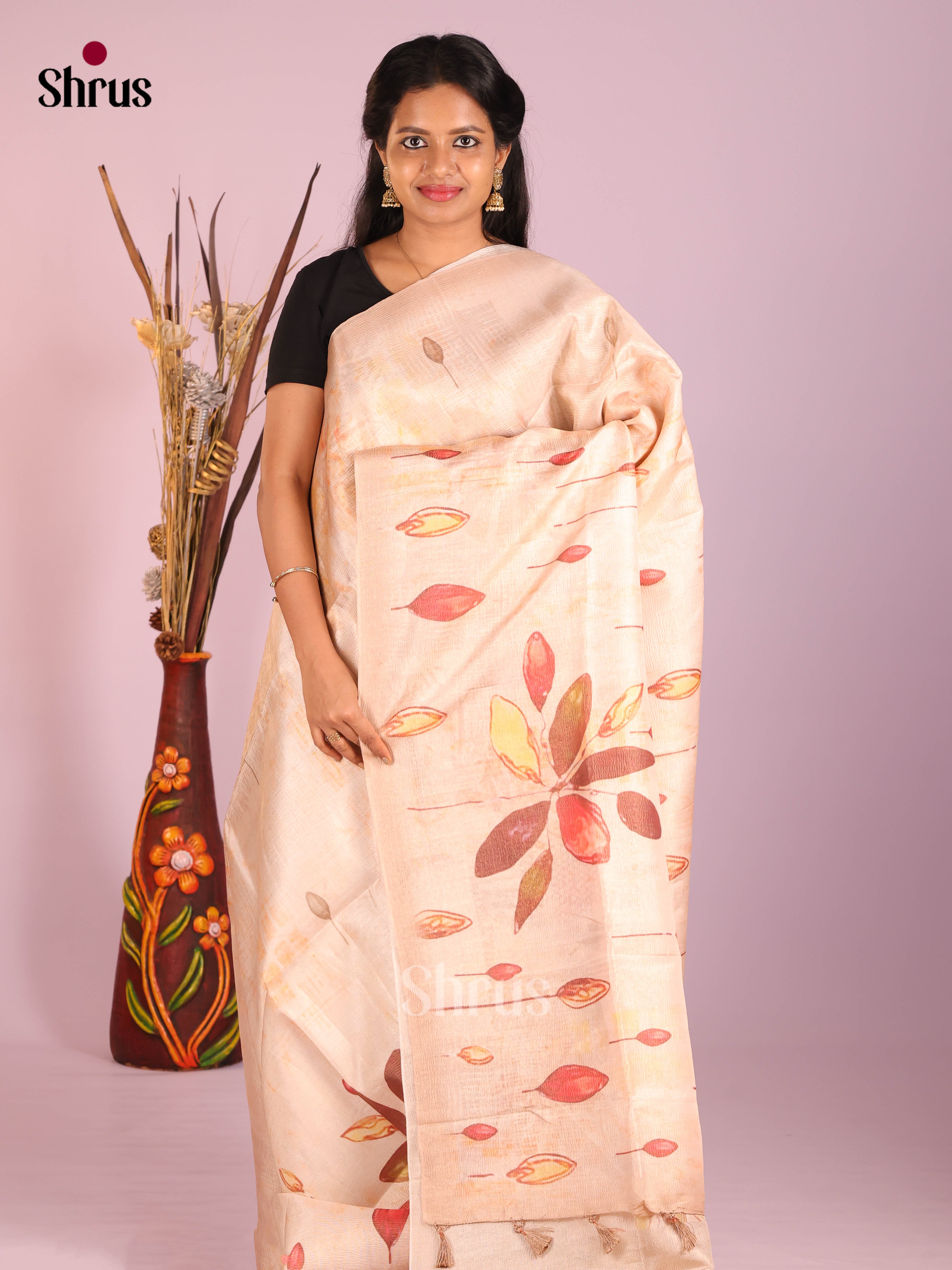 Cream - Bamboo silk Saree