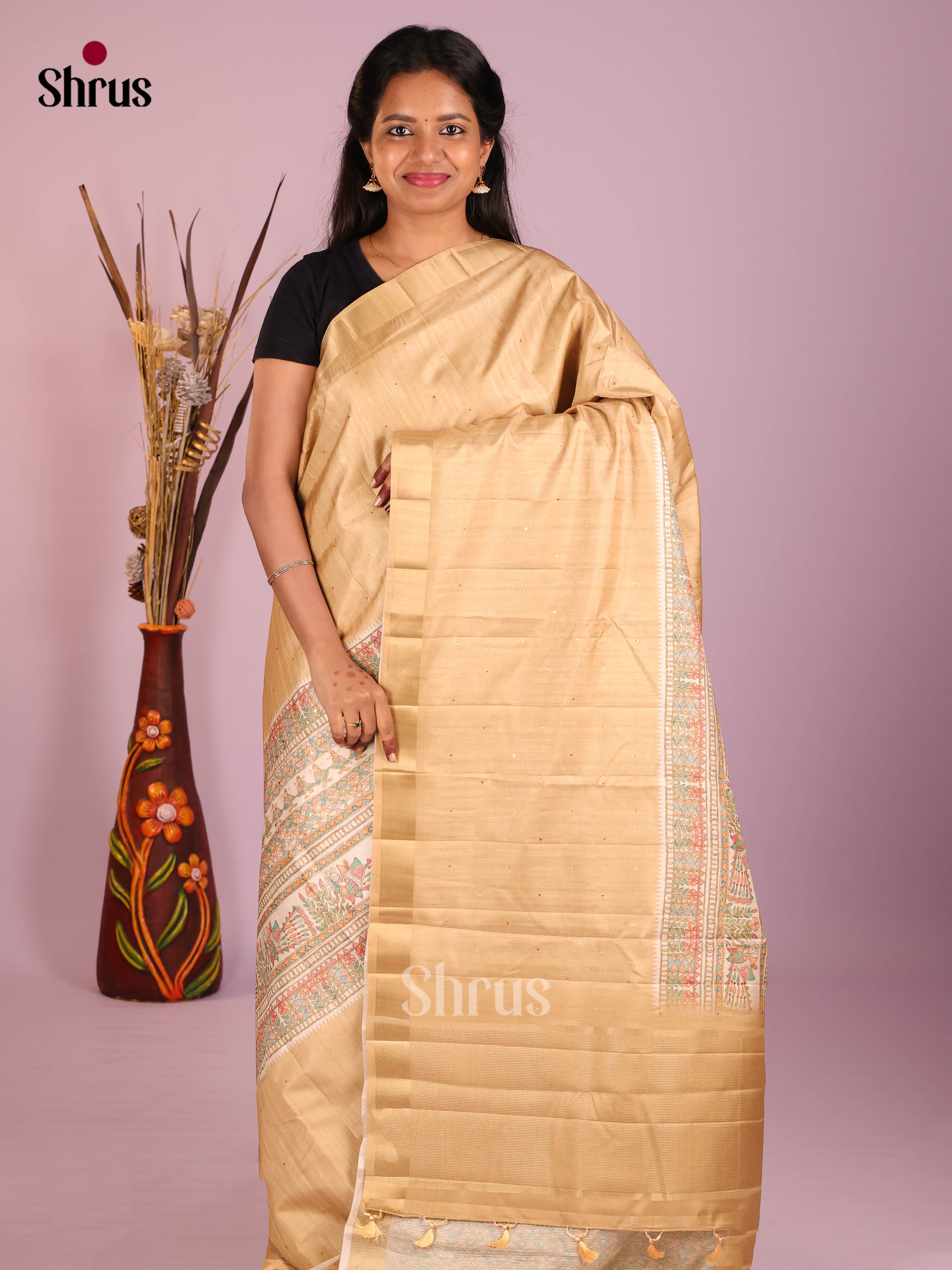 Sandal & Cream - Moonga Silk Saree