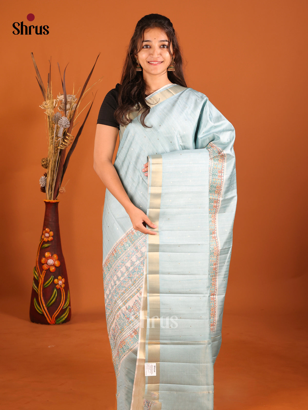Pastel blue & Cream- Moonga Silk Saree
