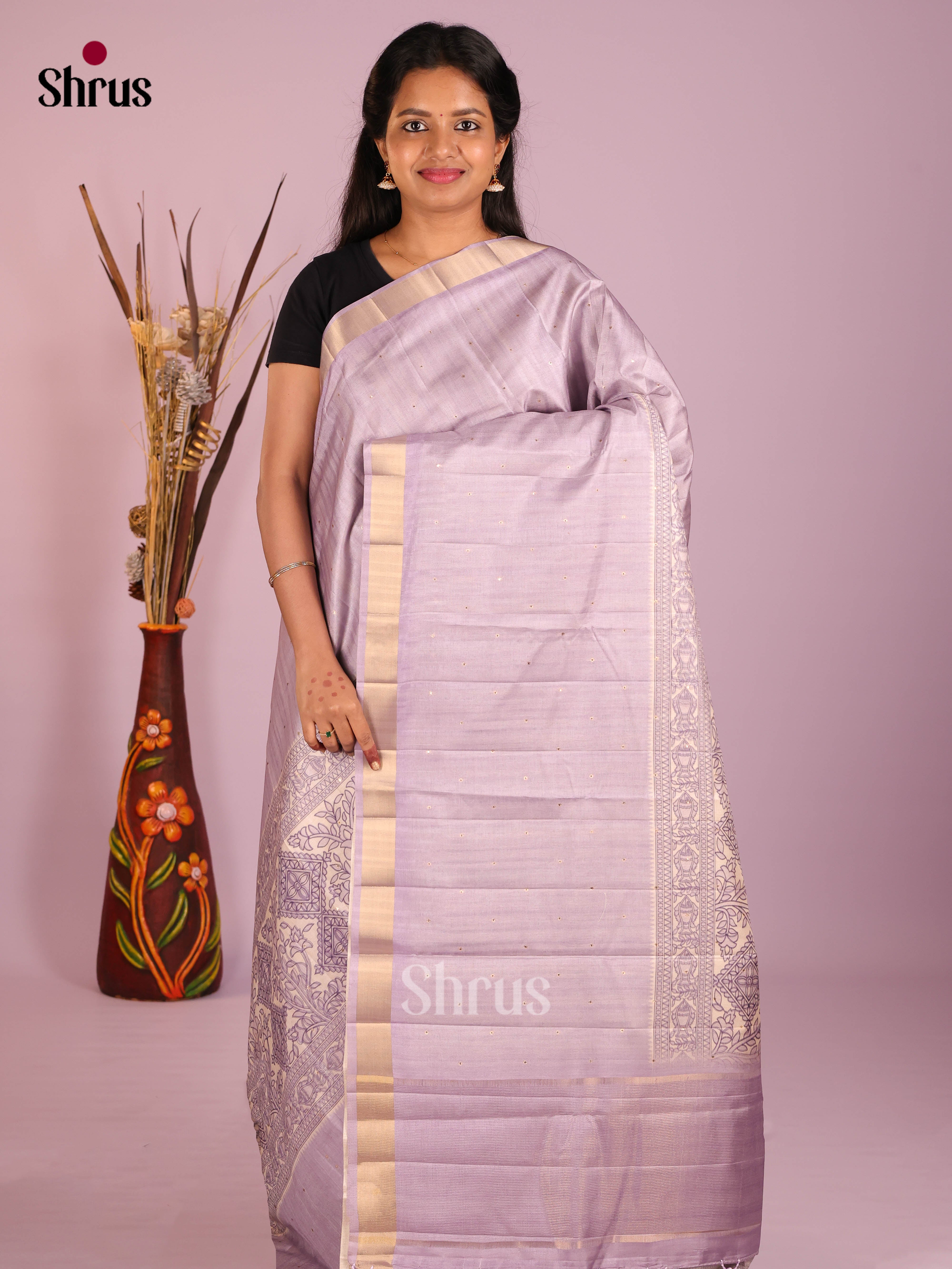 Cream & Lavender- Moonga Silk Saree