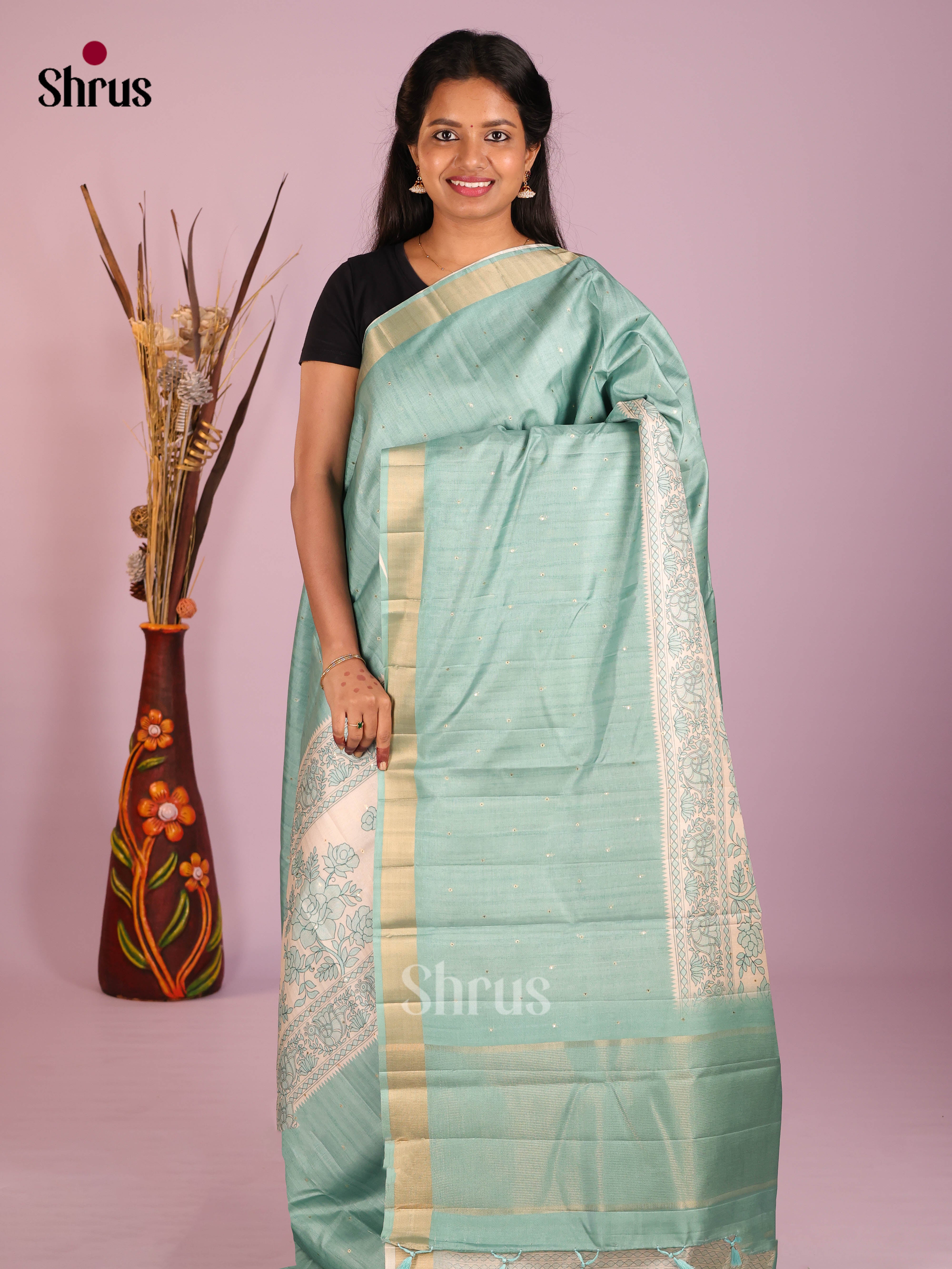 Cream & Pastel Blue - Moonga Silk Saree