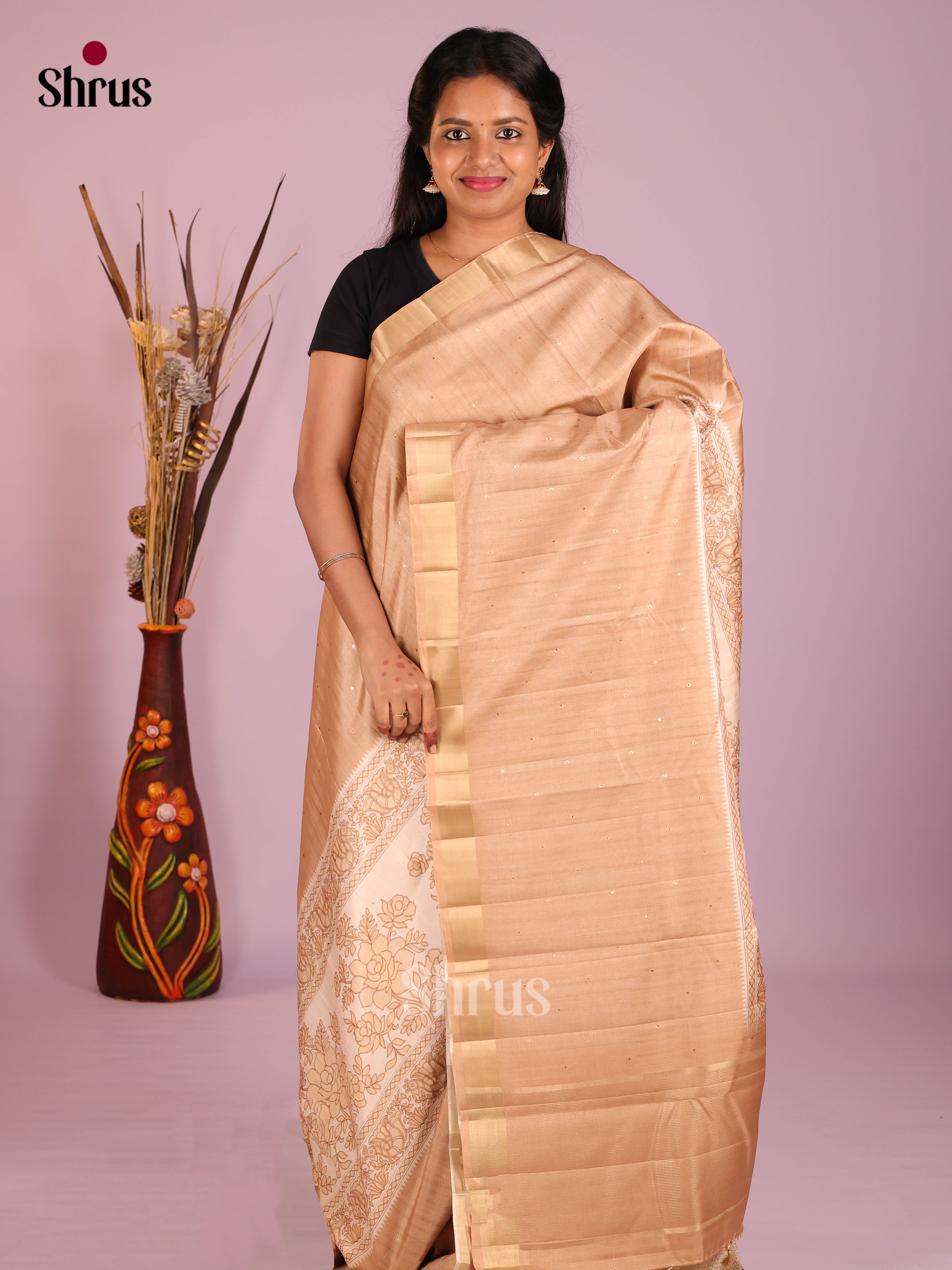 Cream & Light Brown - Moonga Silk Saree