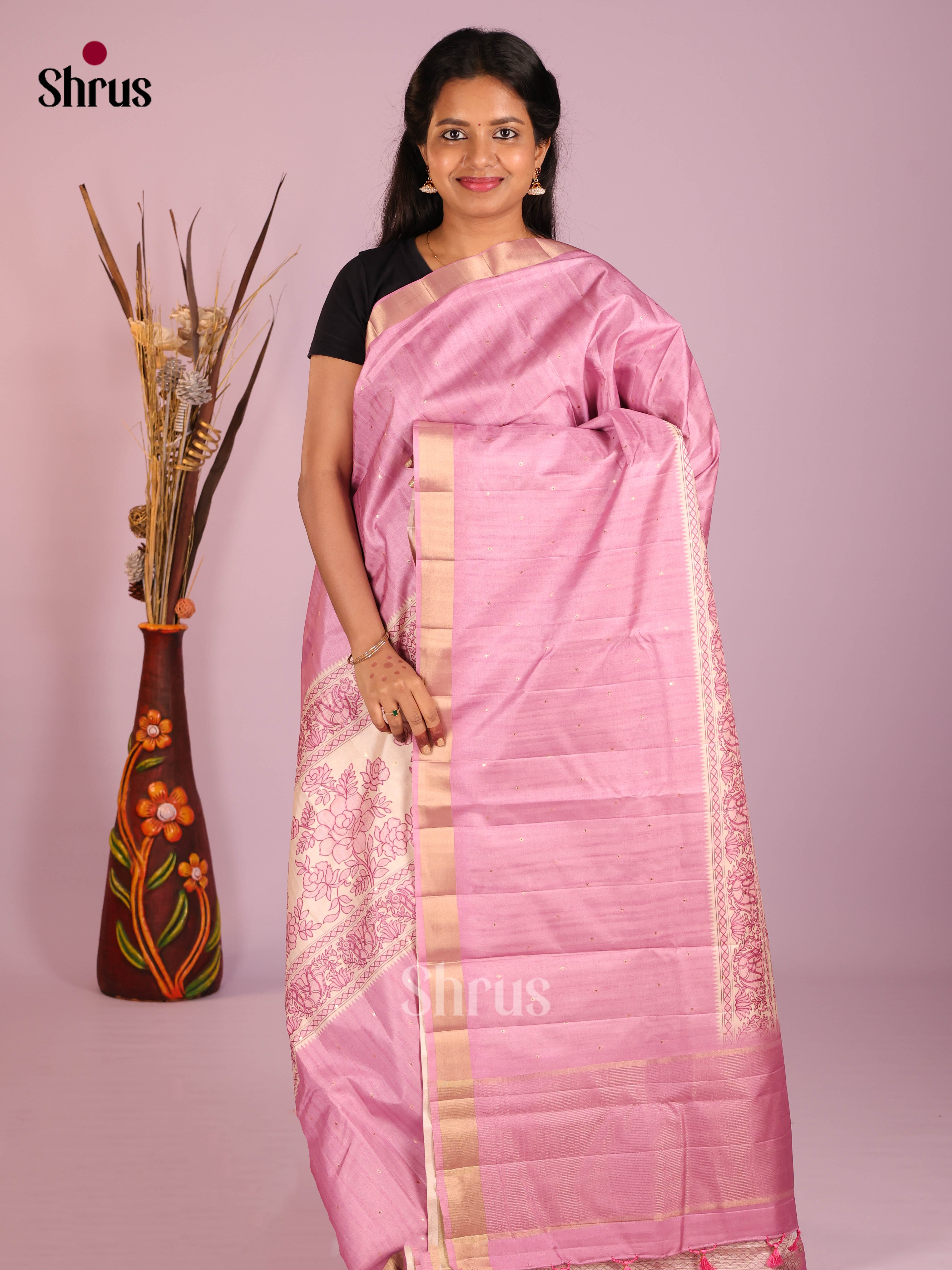 Cream  & Lilac- Moonga Silk Saree
