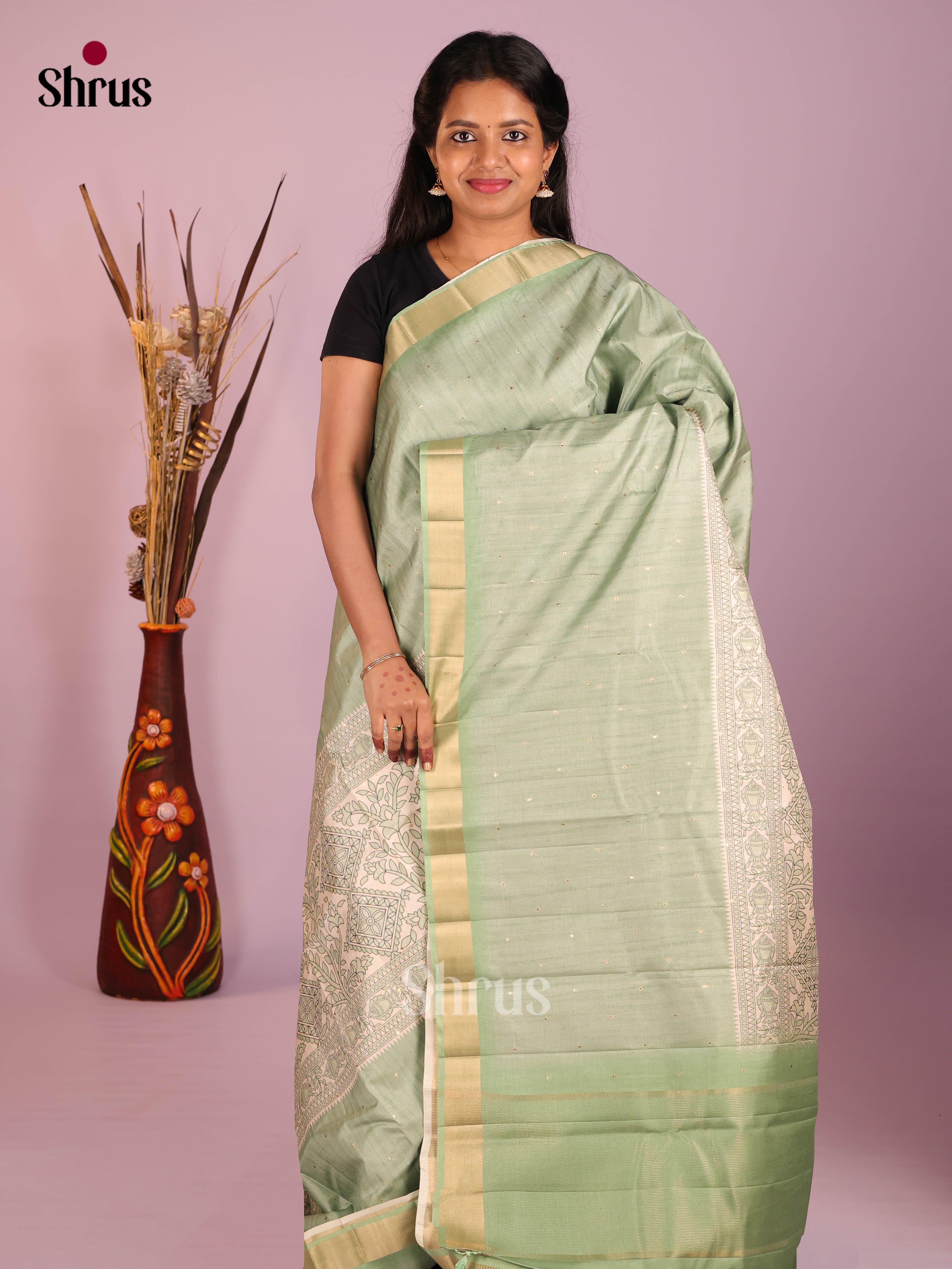 Cream  & Green- Moonga Silk Saree