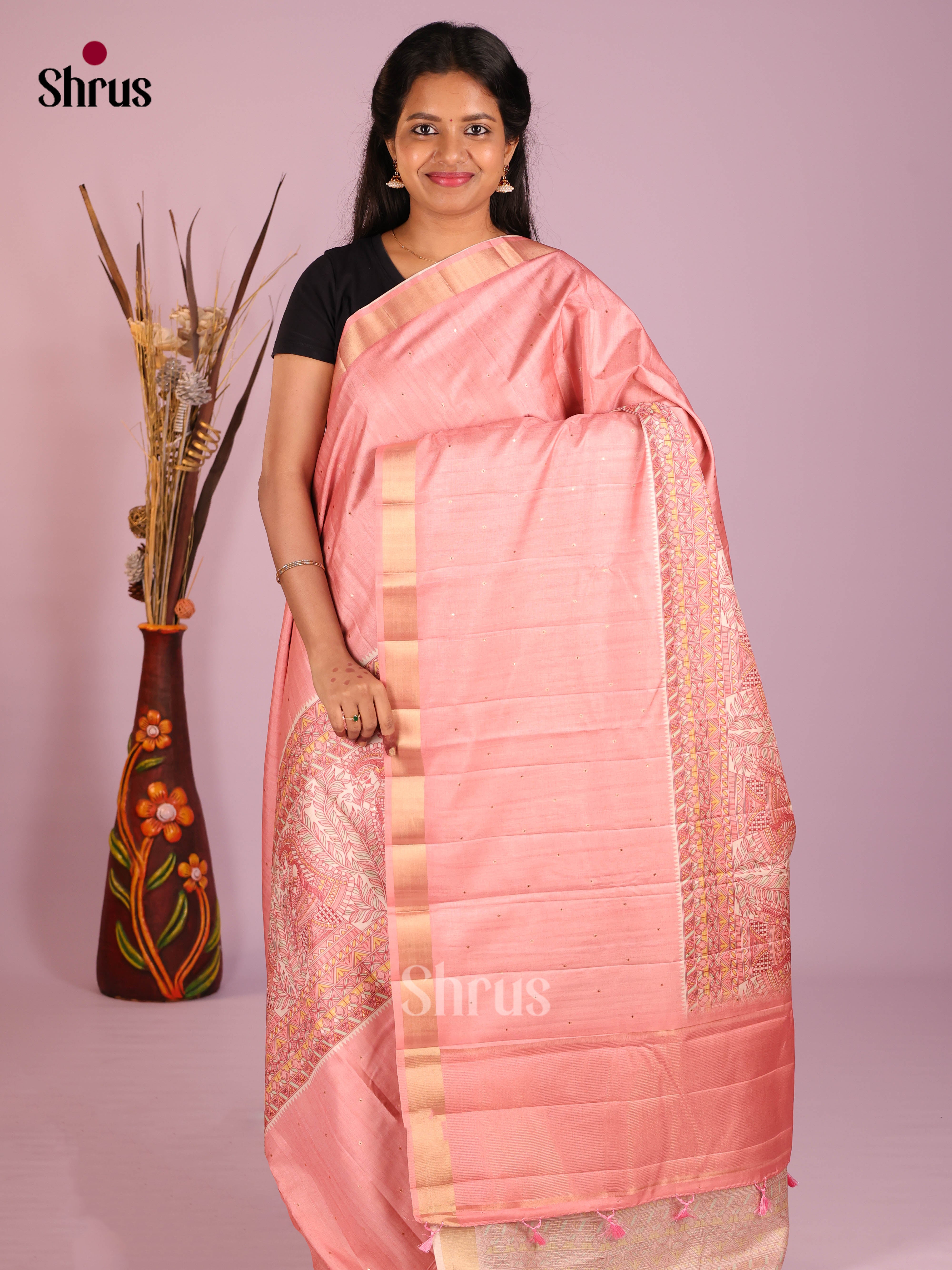 Cream & Pink- Moonga Silk Saree
