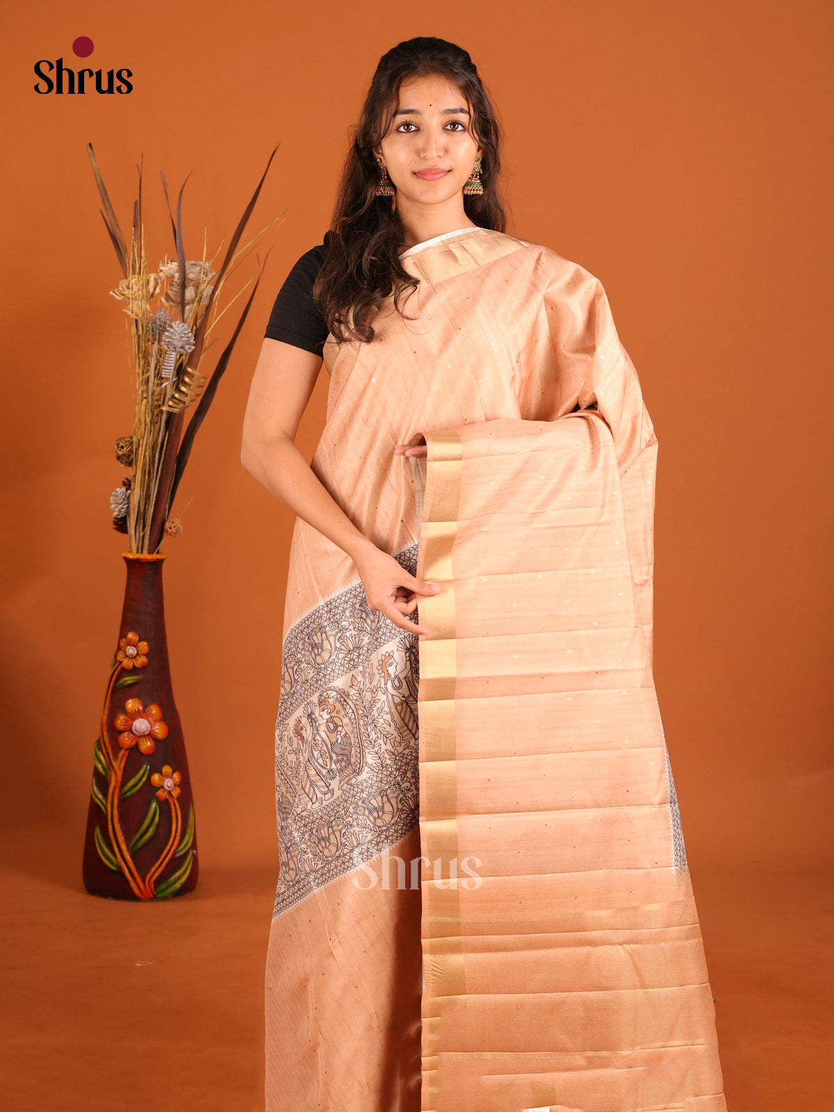 Cream & Peach - Moonga Silk Saree