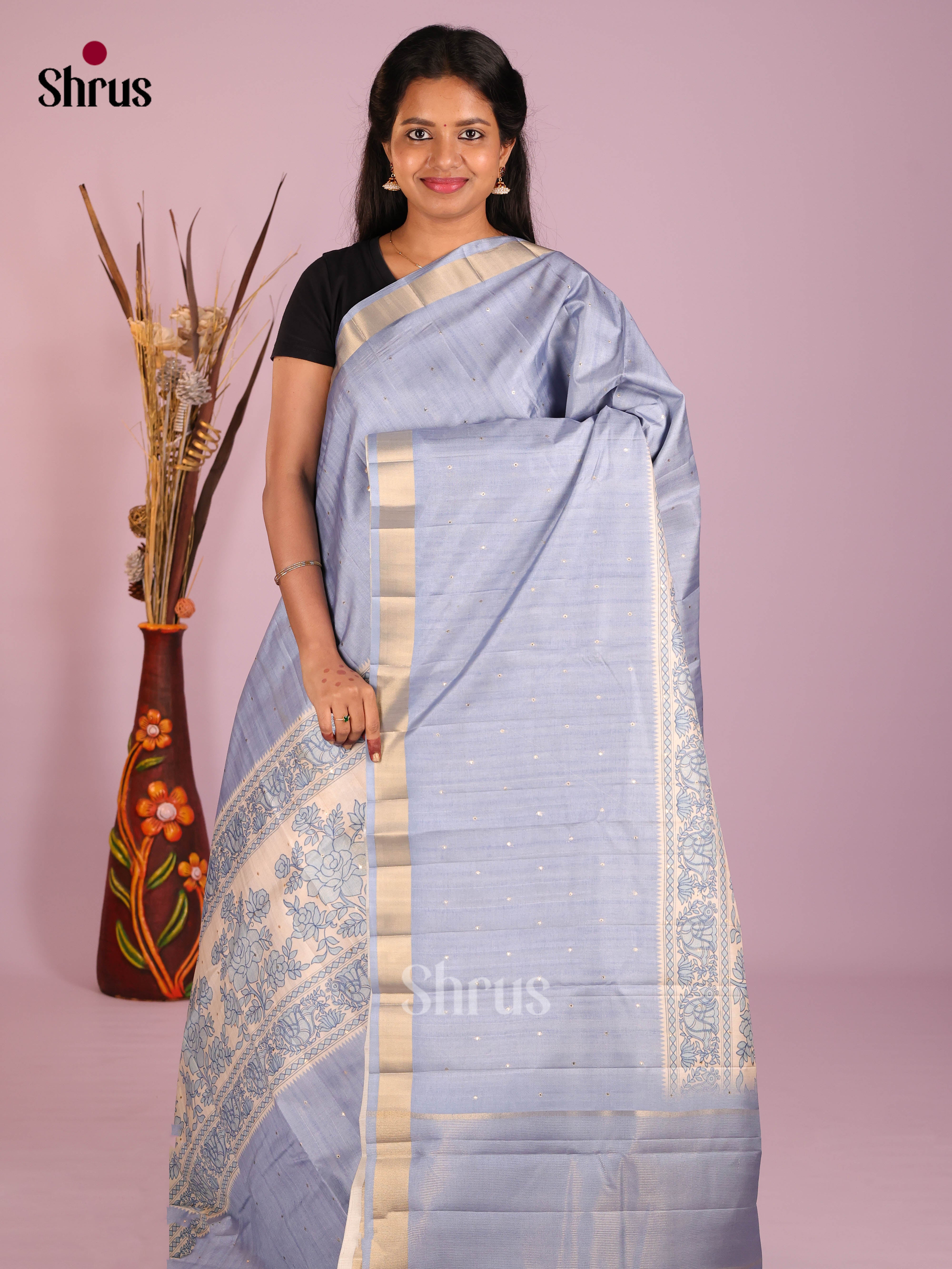 Cream & Blue - Moonga Silk Saree