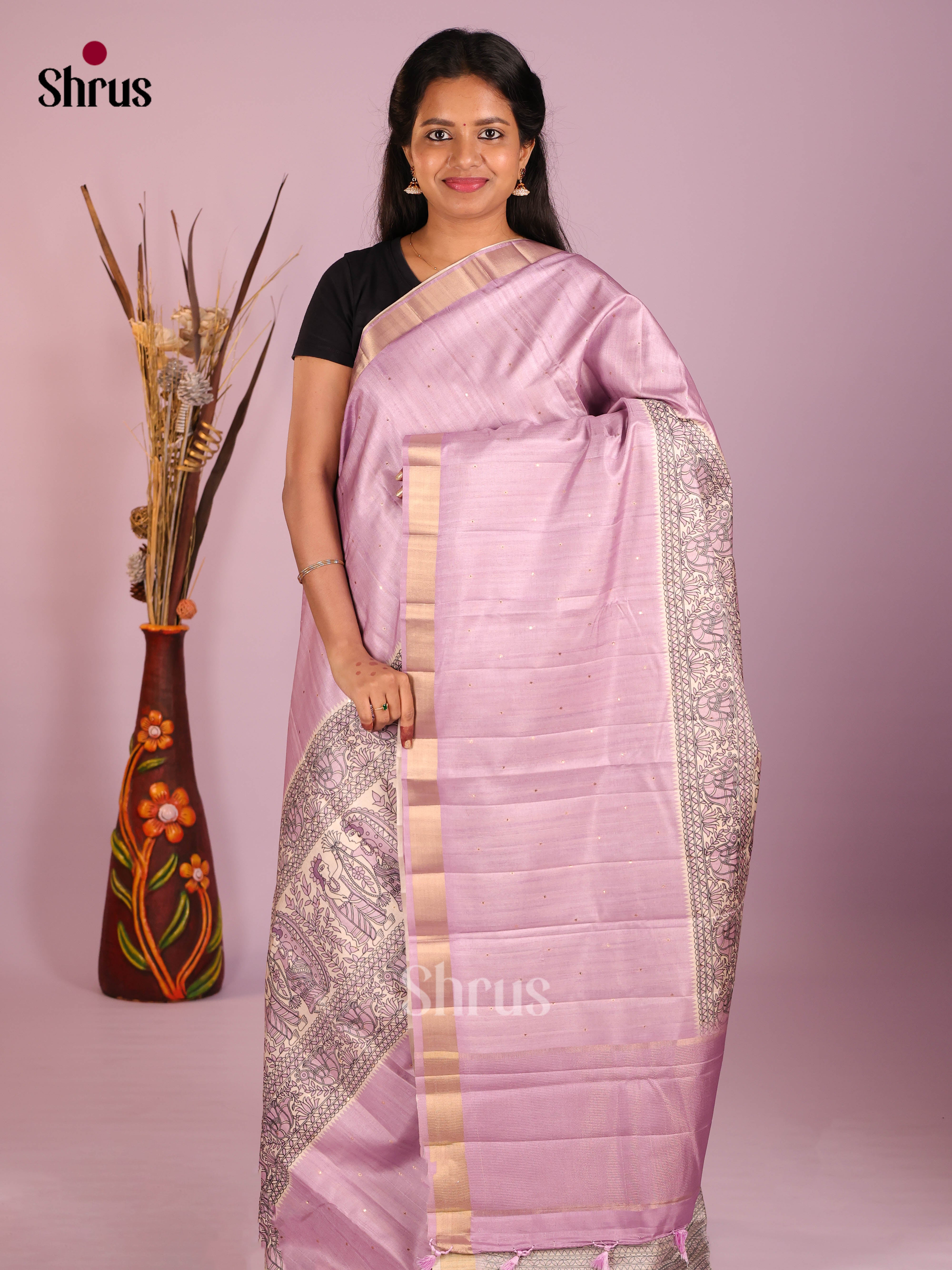 Cream & Purple - Moonga Silk Saree