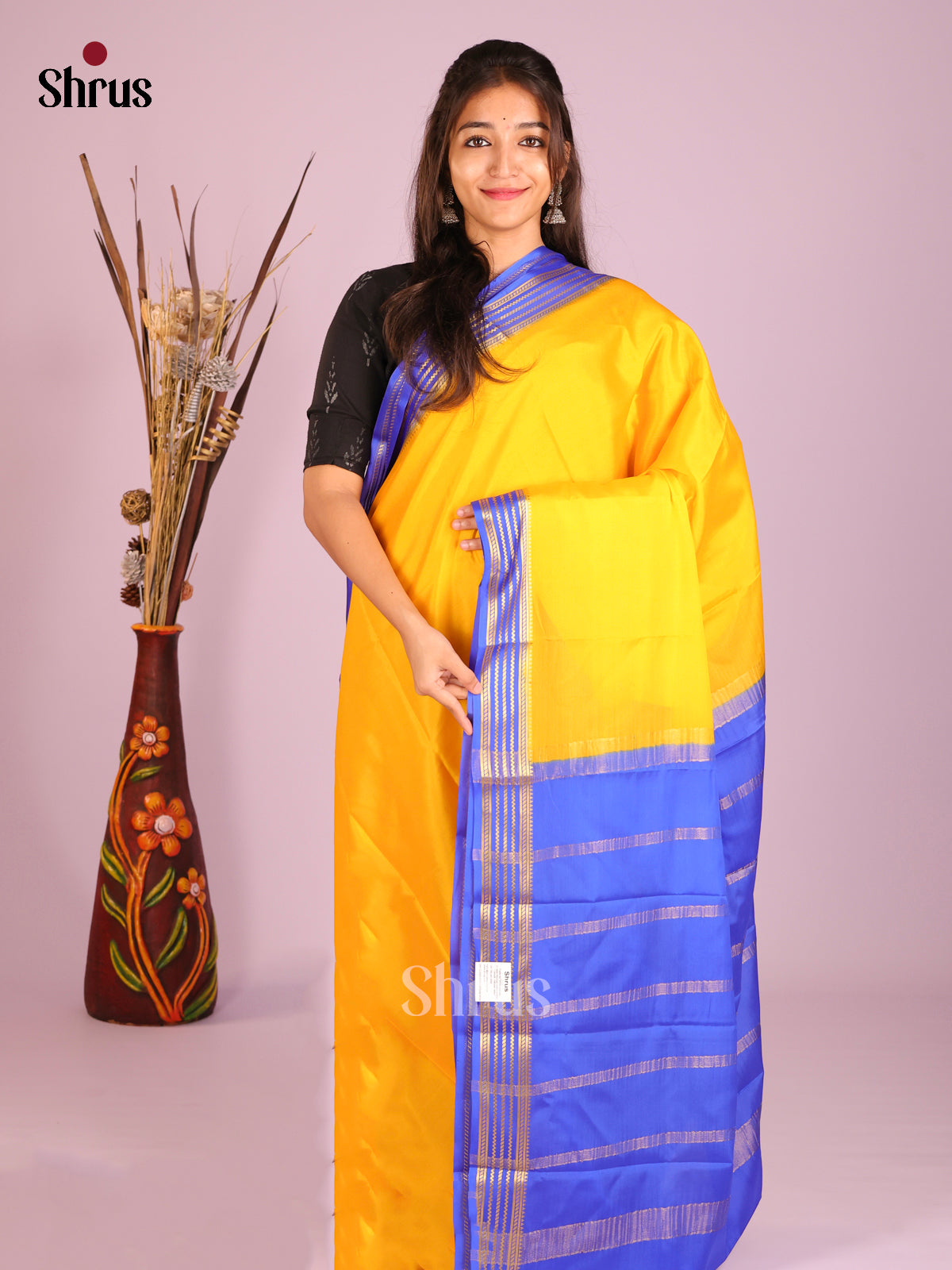 Yellow & Blue - Mysore Silk Saree - Shop on Shrus.com