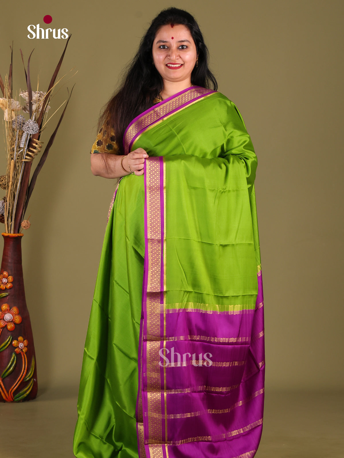 Green & Purple- Mysore Silk Saree - Shop on Shrus.com