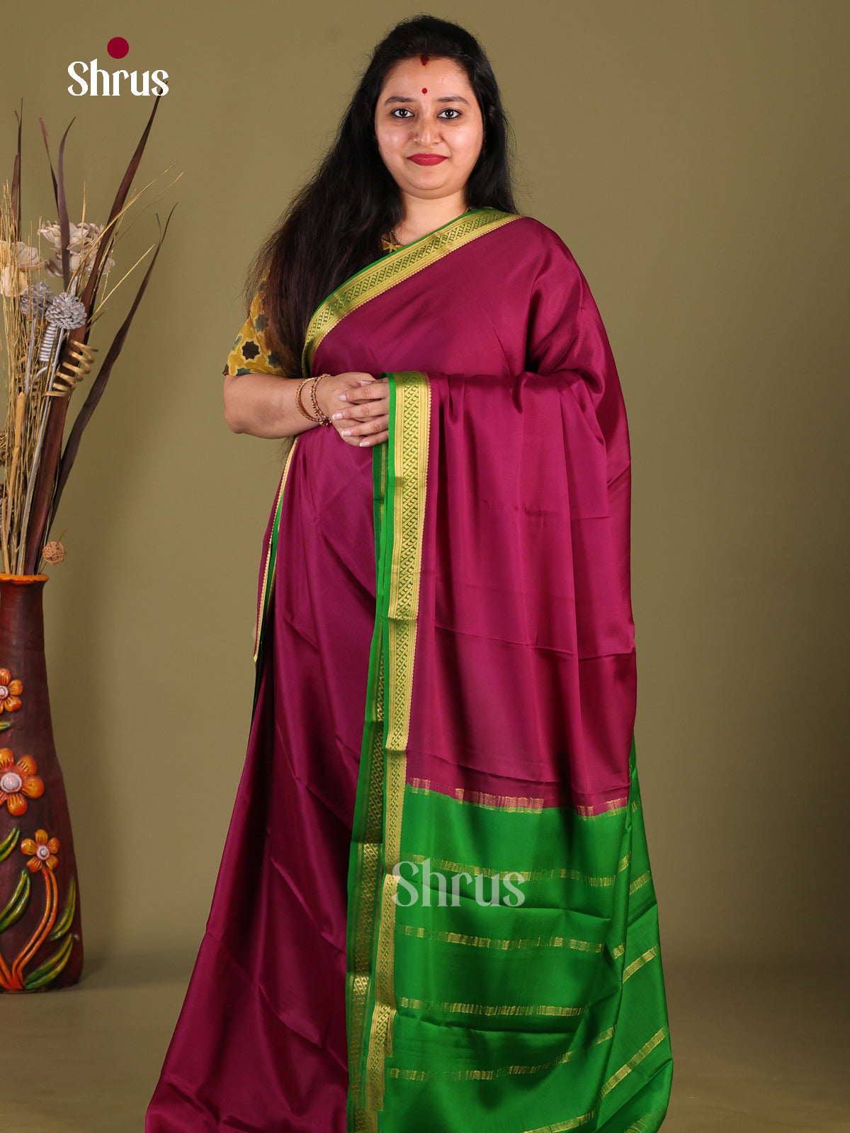 Wine & Green - Mysore Silk Saree - Shop on Shrus.com