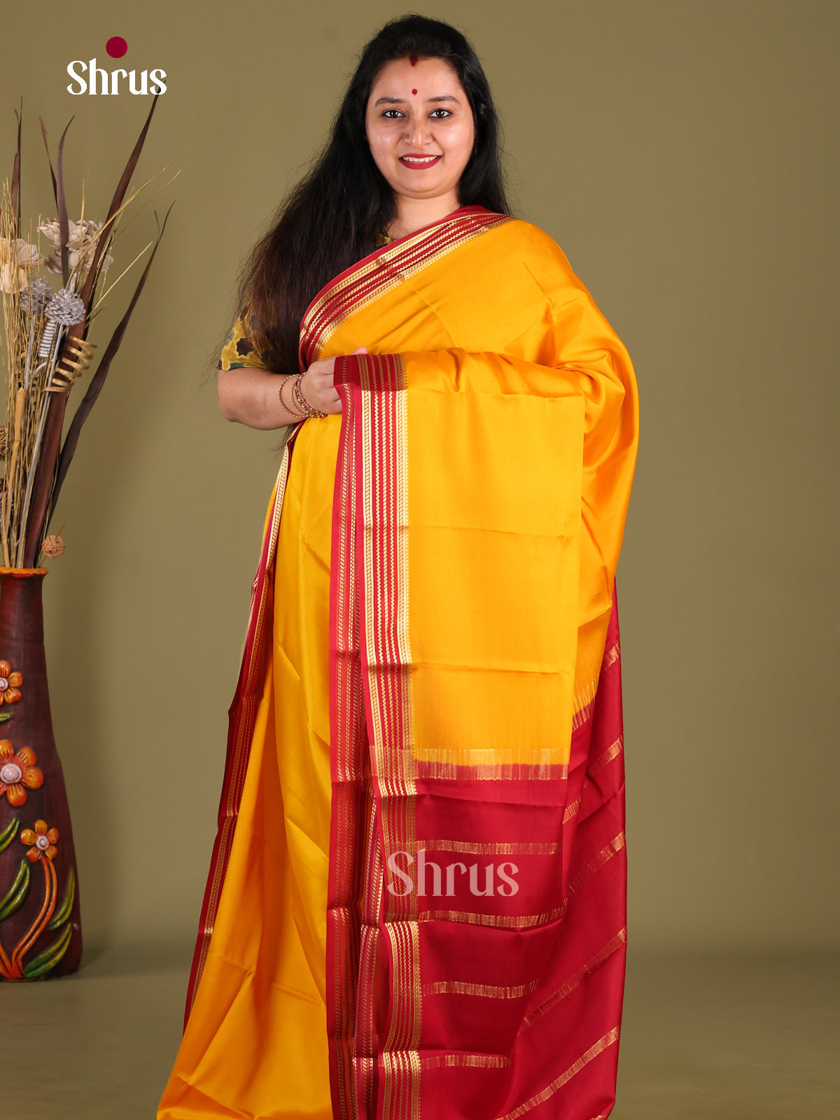 Yellow & Maroon - Mysore Silk Saree - Shop on Shrus.com