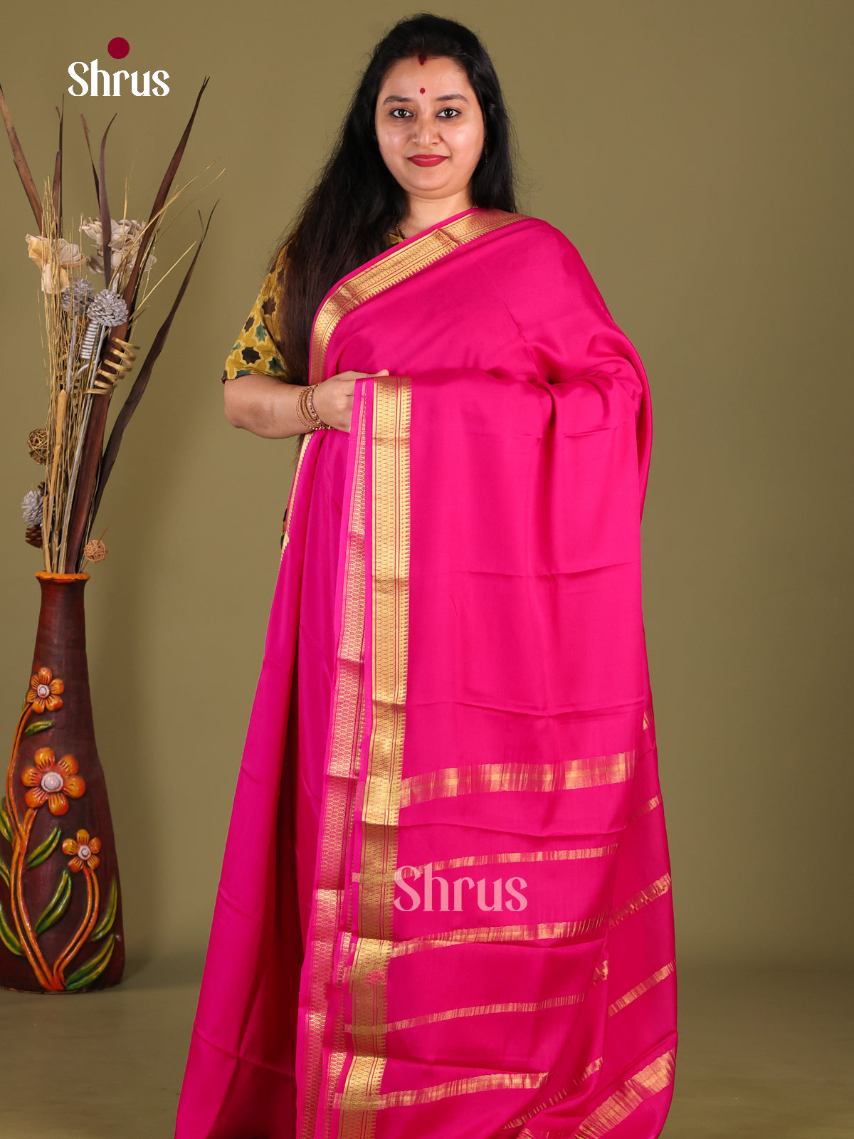 Pink (Single Tone)  - Mysore Silk Saree - Shop on Shrus.com
