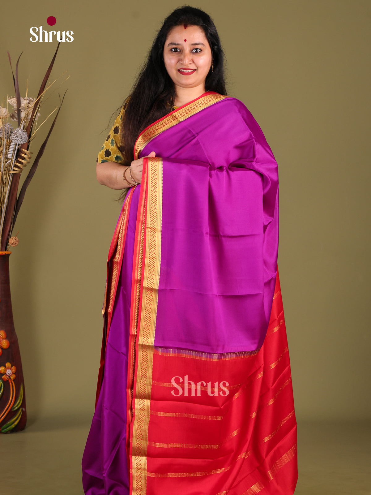 Purple & Red- Mysore Silk Saree - Shop on Shrus.com