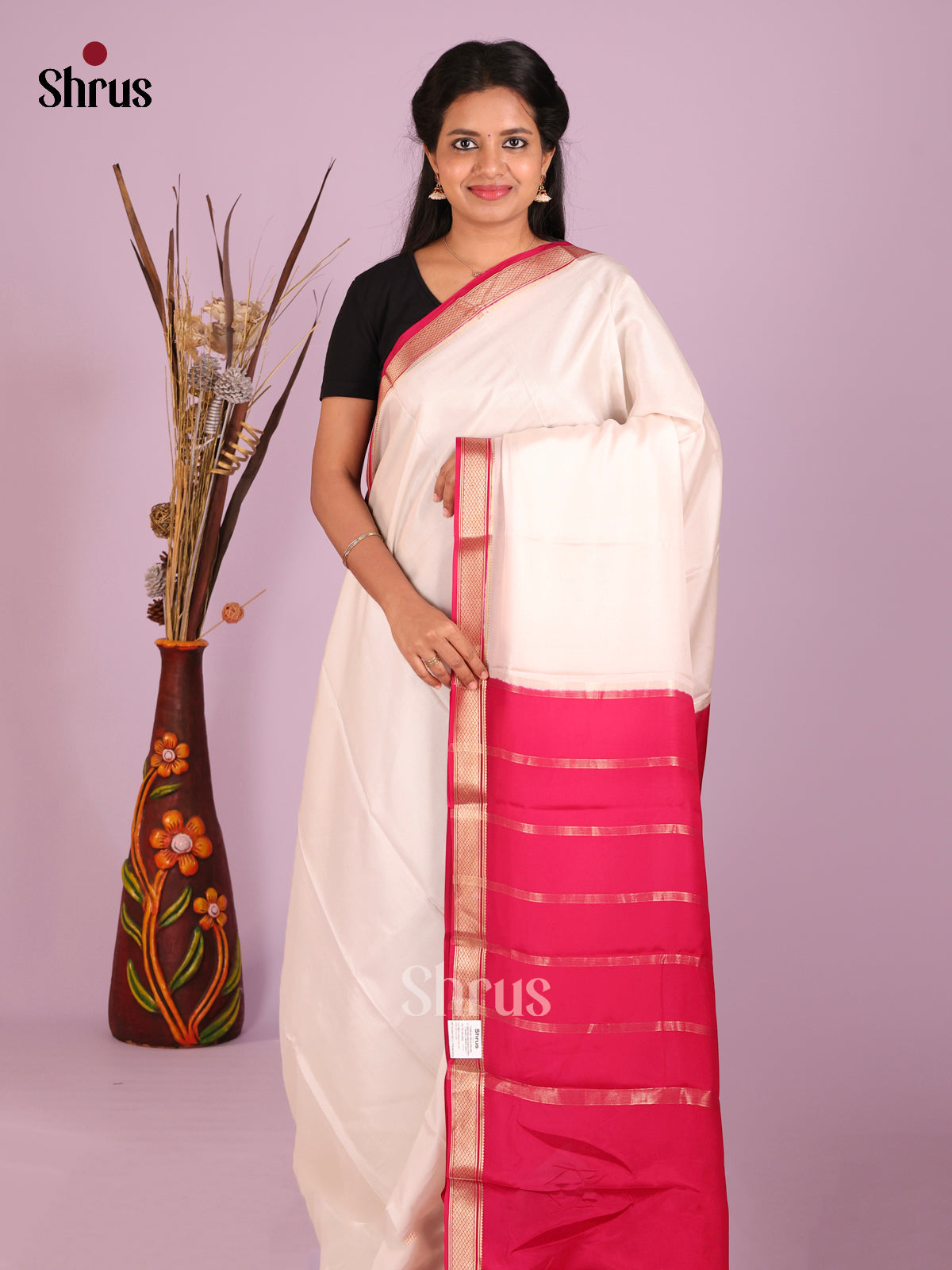 Cream & Pink- Mysore Silk Saree - Shop on Shrus.com
