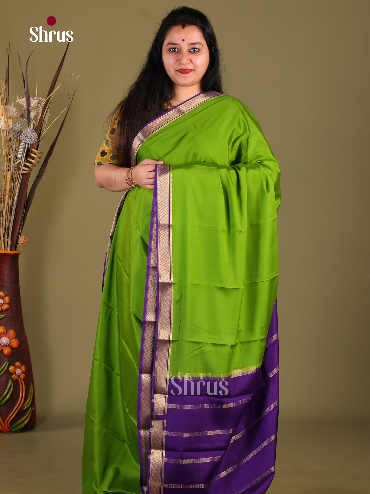 Parrot Green & Violet- Mysore Silk Saree - Shop on Shrus.com