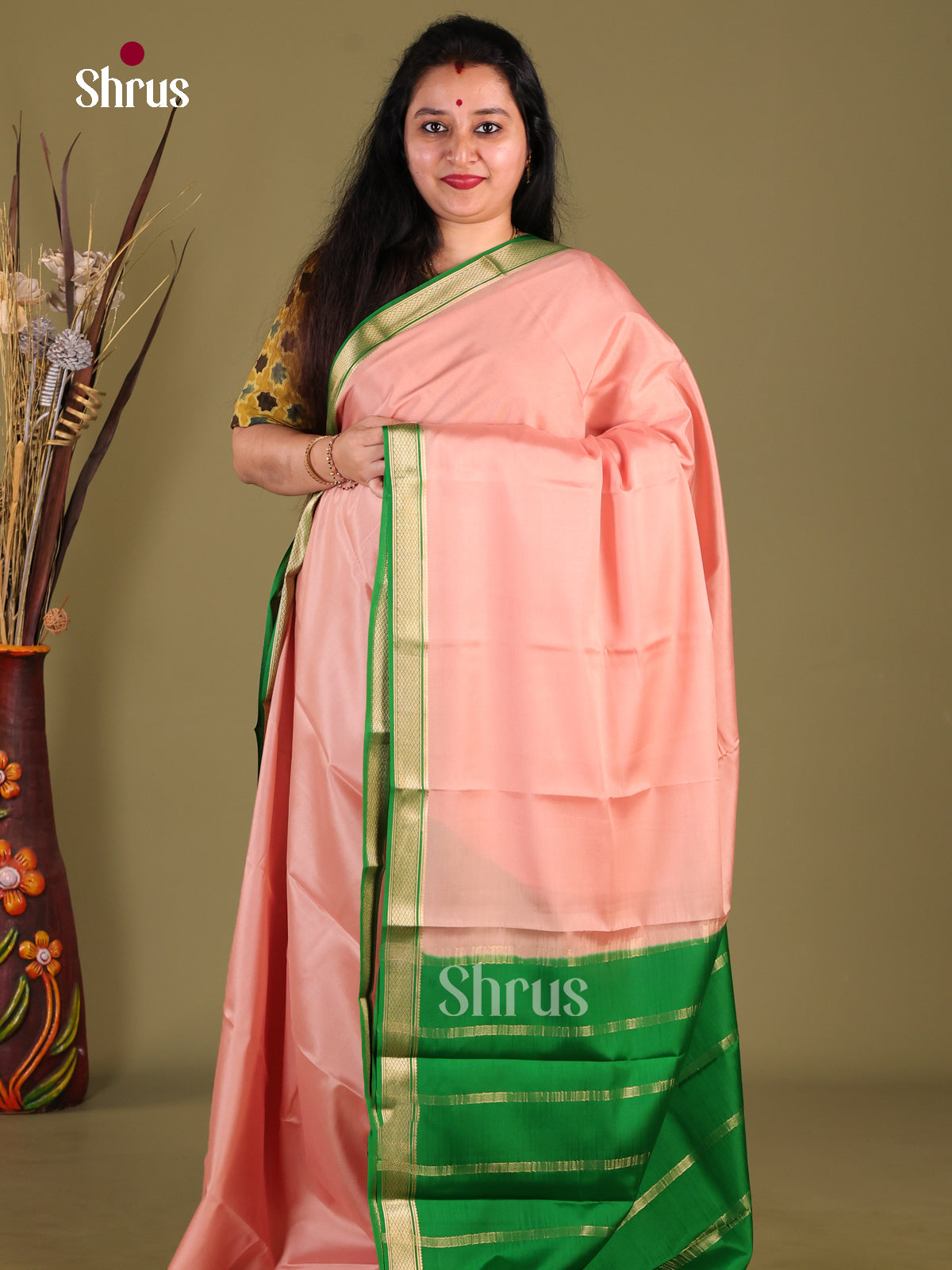 Pink & Green- Mysore Silk Saree - Shop on Shrus.com
