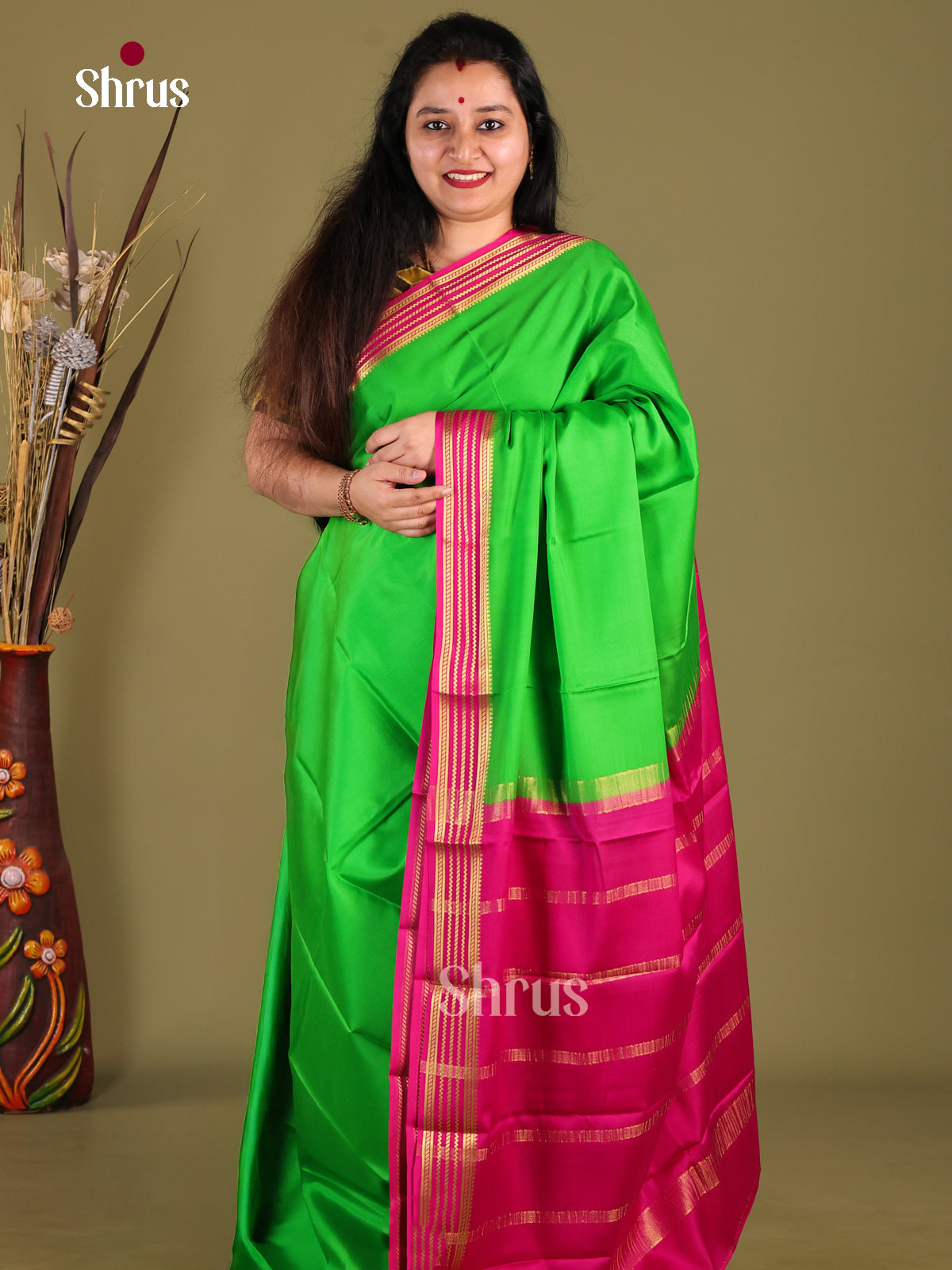 Green & Majenta- Mysore Silk Saree - Shop on Shrus.com