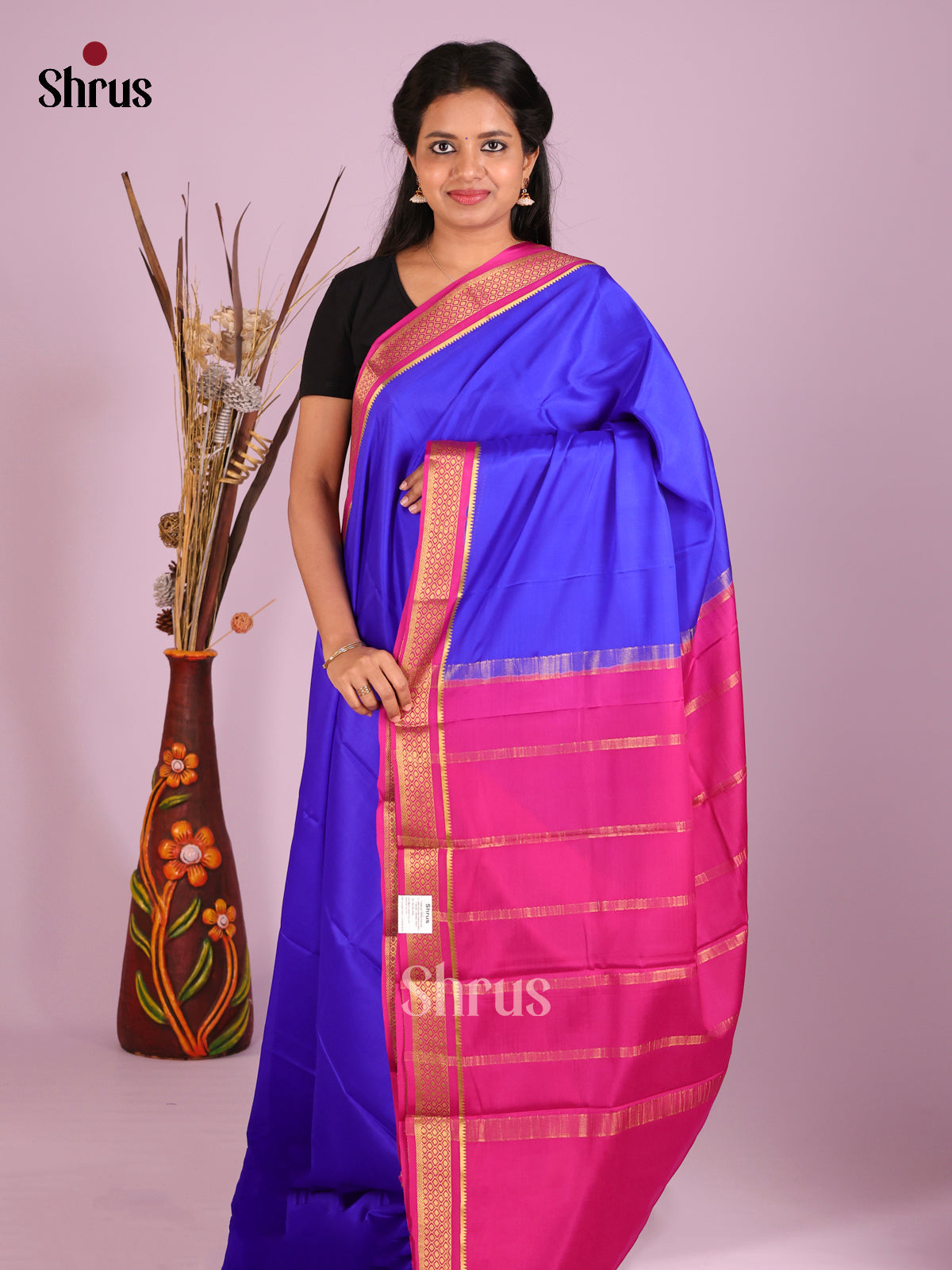 blue and pink Mysore Silk Saree