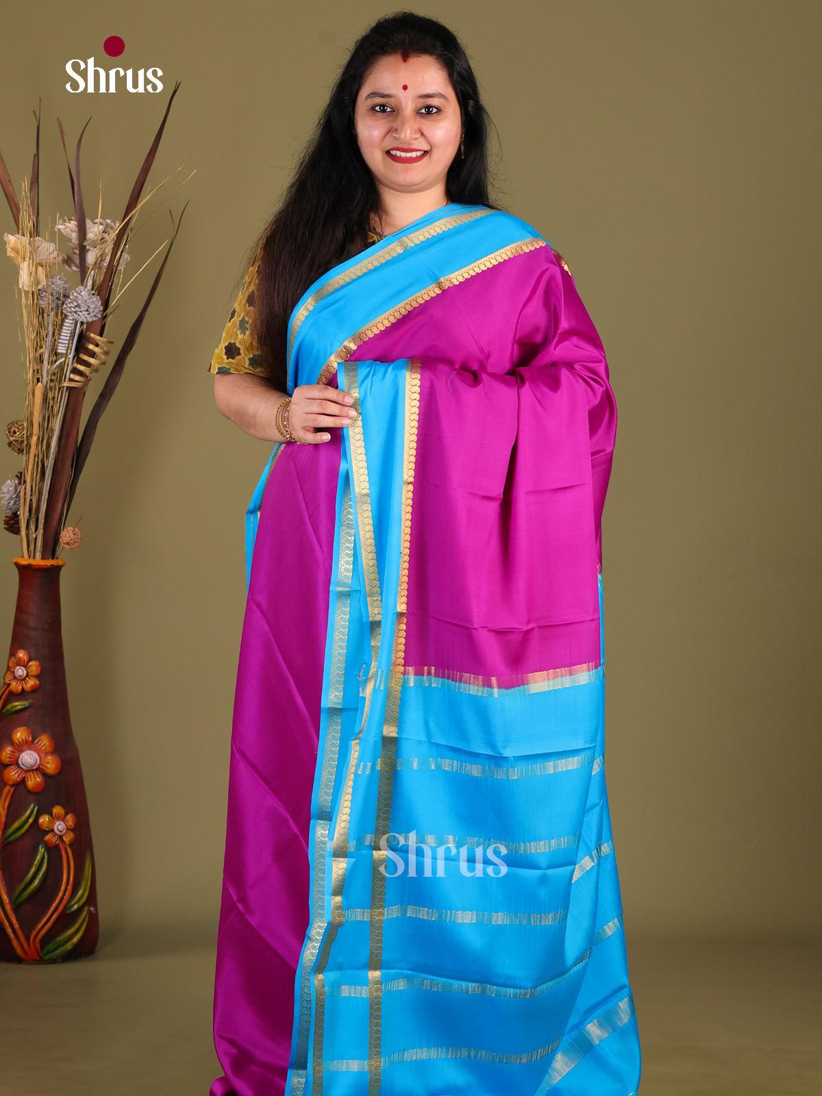 Purple & Blue - Mysore Silk Saree - Shop on Shrus.com