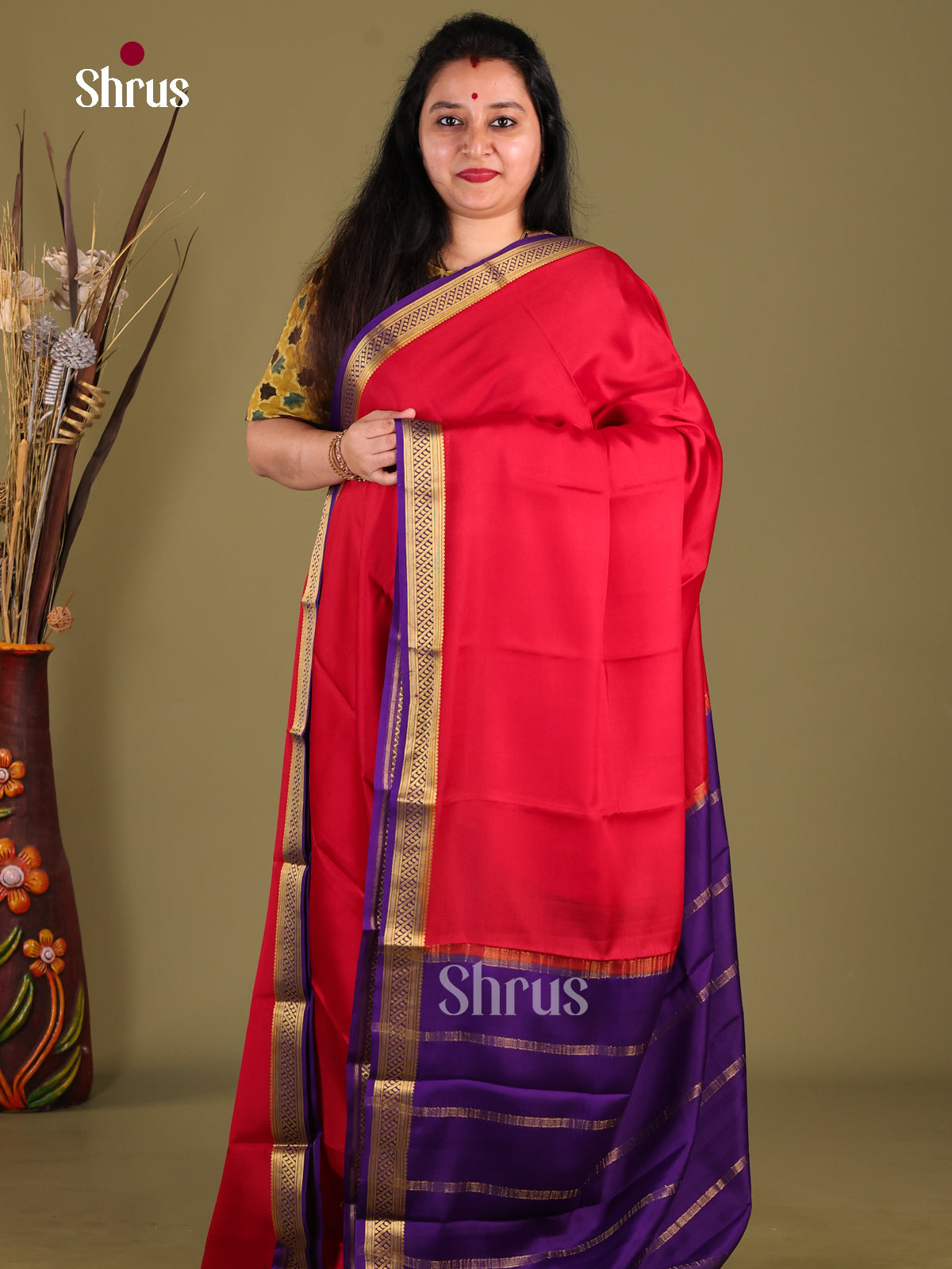 Red & Violet - Mysore Silk Saree - Shop on Shrus.com