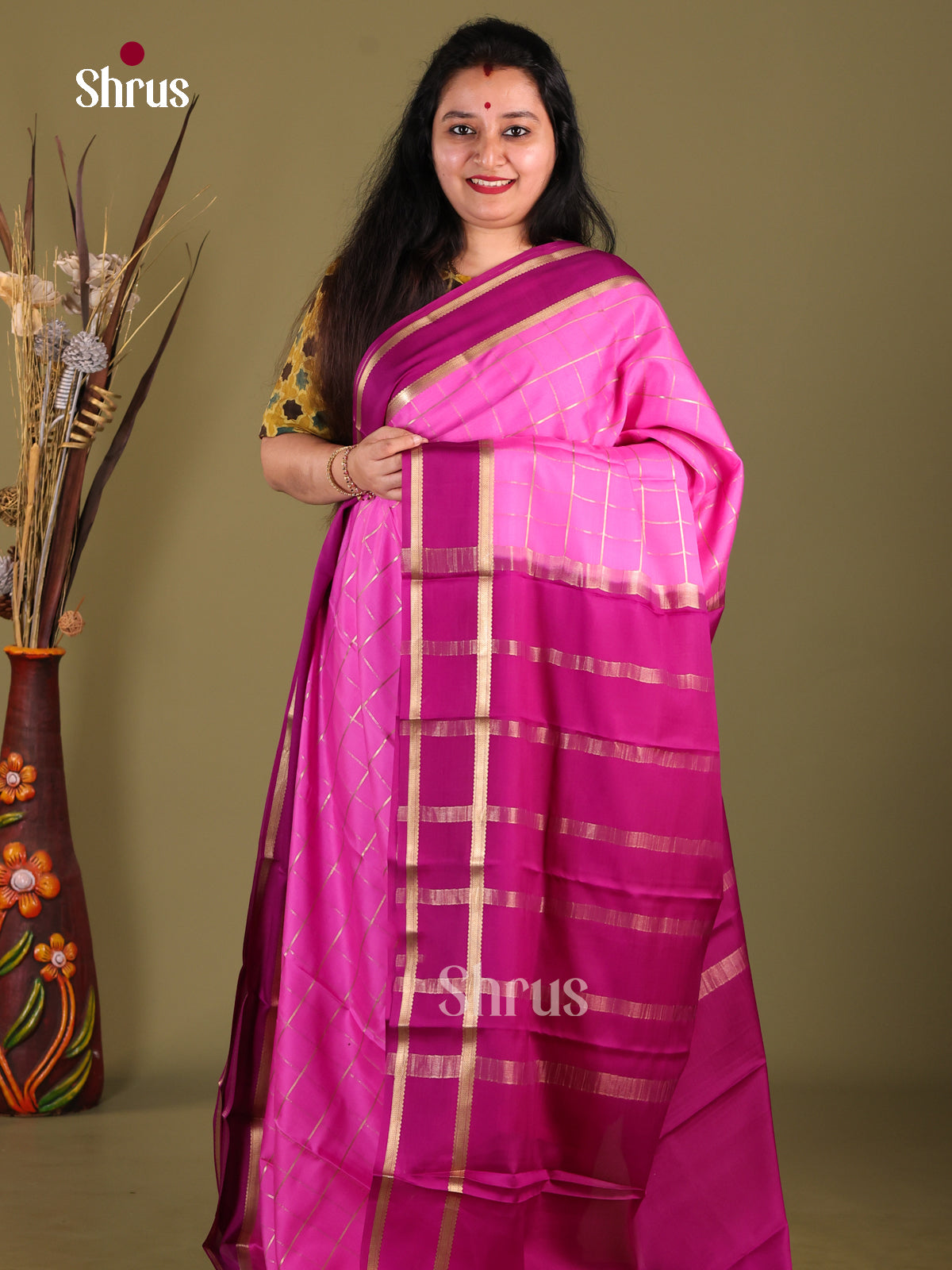Pink & Purple - Mysore Silk Saree - Shop on Shrus.com