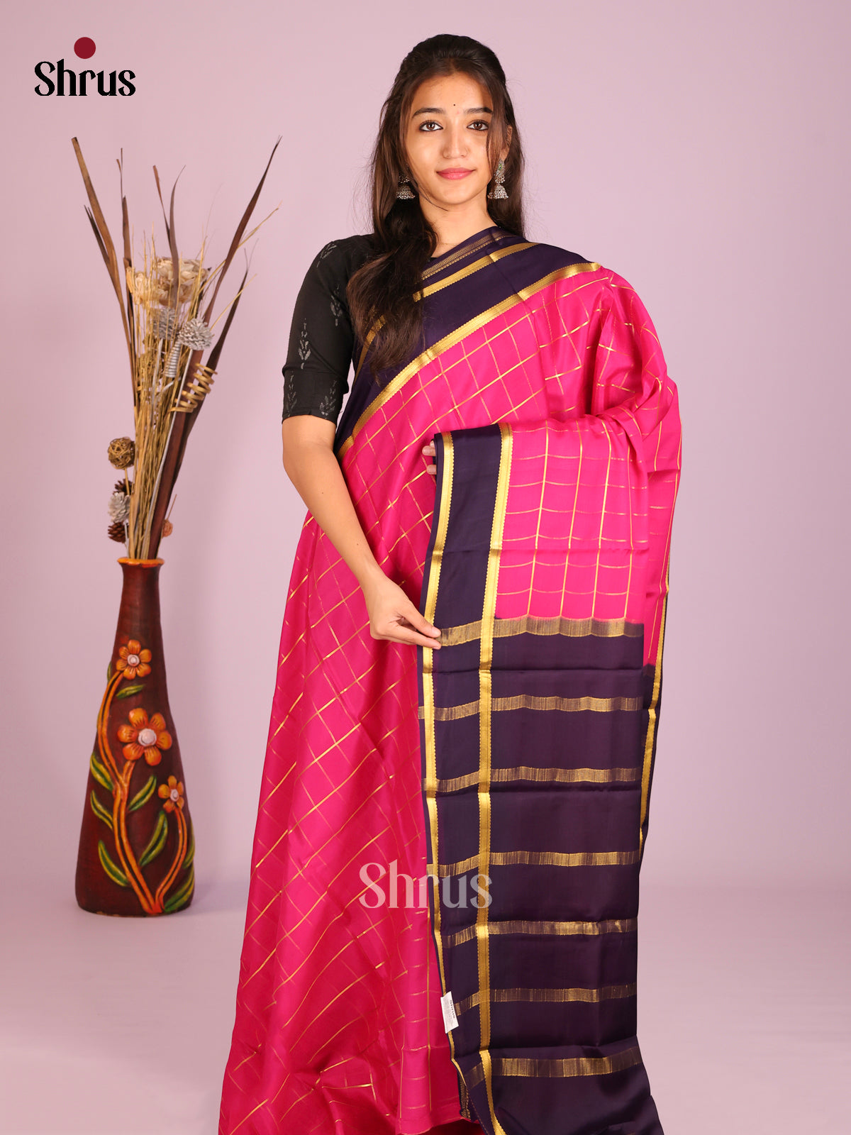 Pink & Blue - Mysore Silk Saree - Shop on Shrus.com