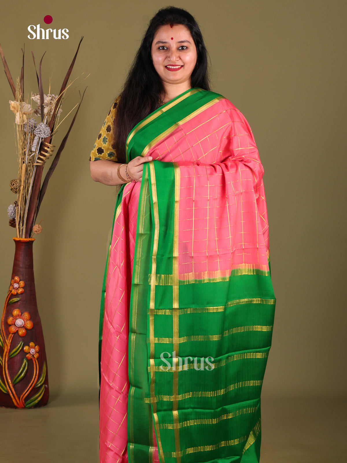 Lotus Pink & Green - Mysore Silk Saree - Shop on Shrus.com