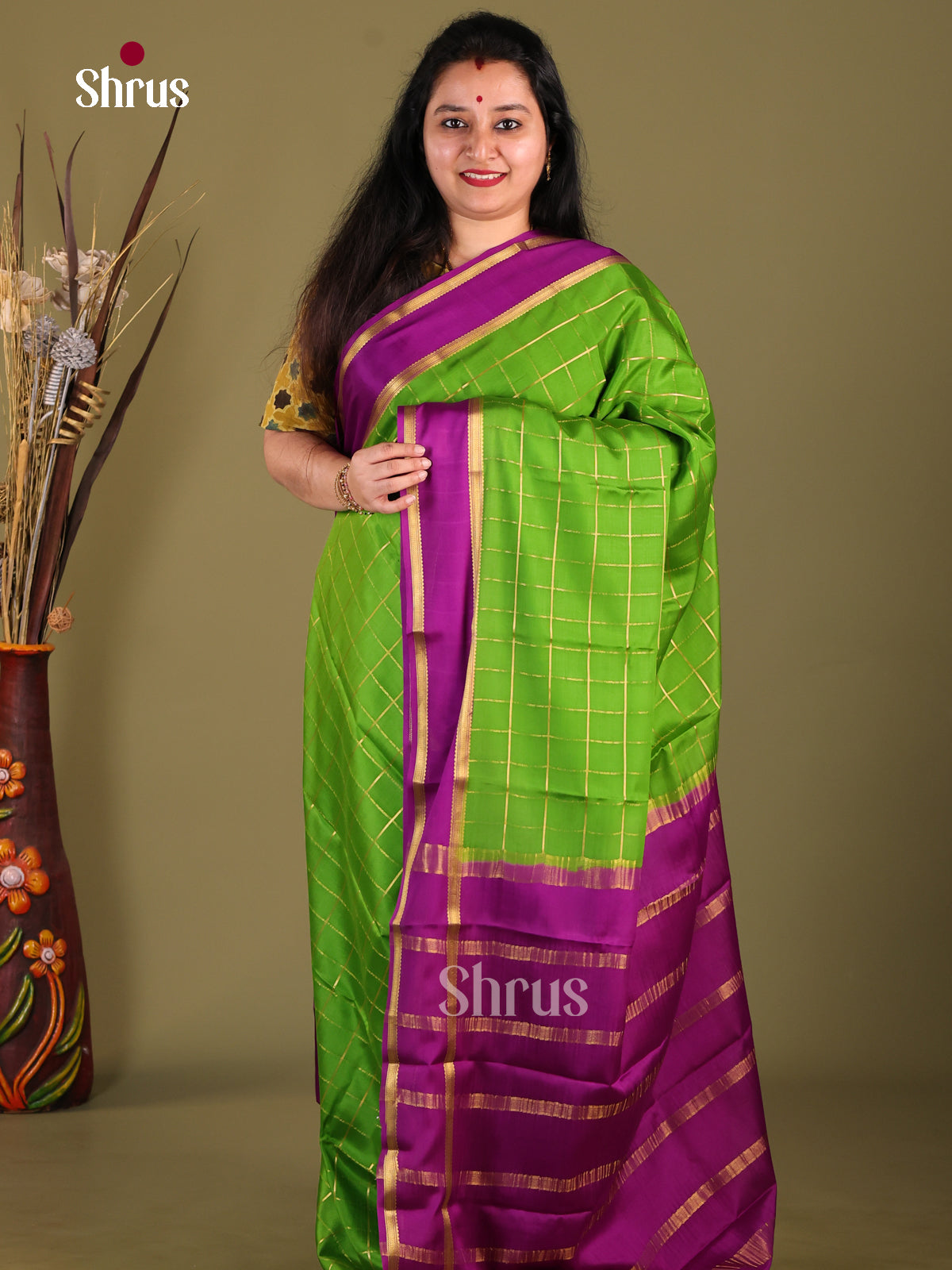Parrot Green & Purple- Mysore Silk Saree - Shop on Shrus.com