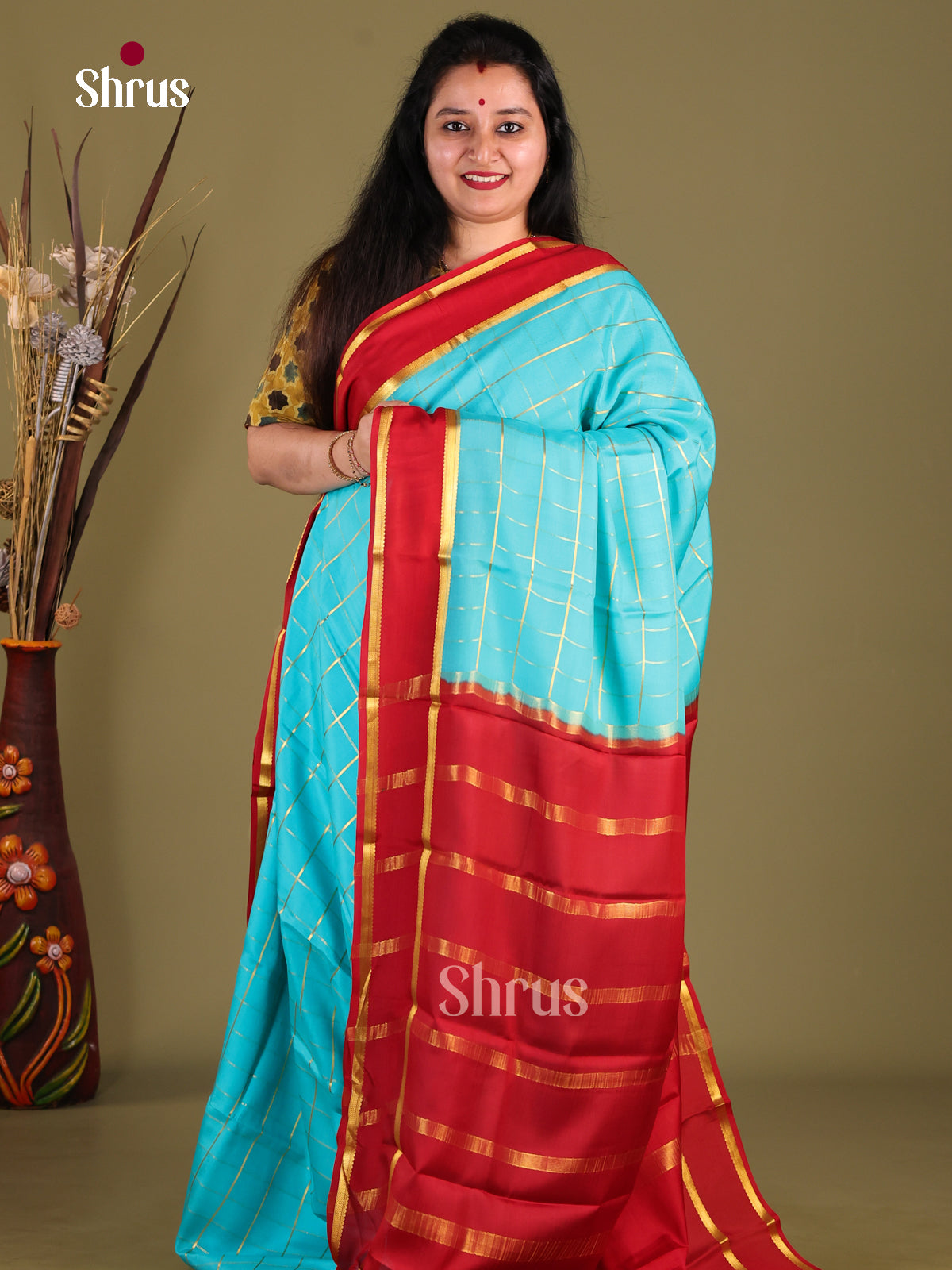 Sky Blue & Red - Mysore Silk Saree - Shop on Shrus.com