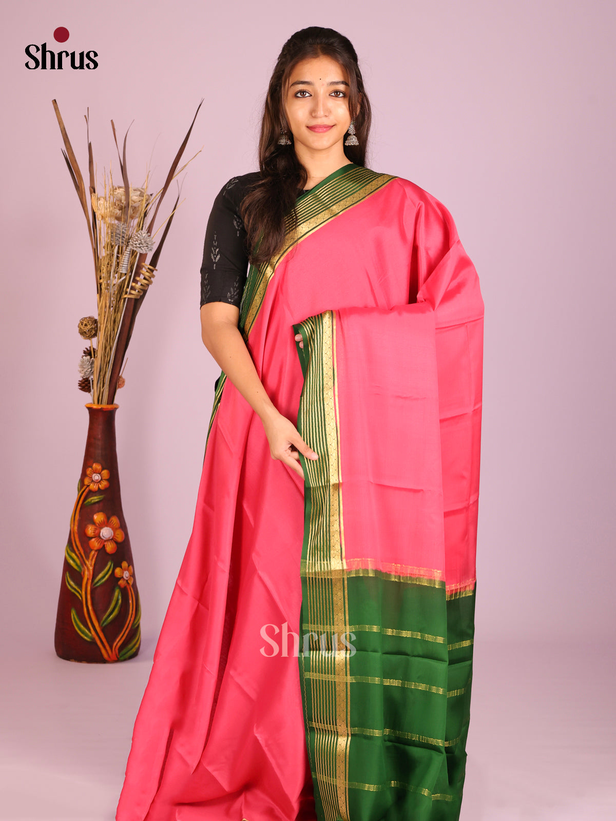 Pink & Green - Mysore Silk Saree - Shop on Shrus.com