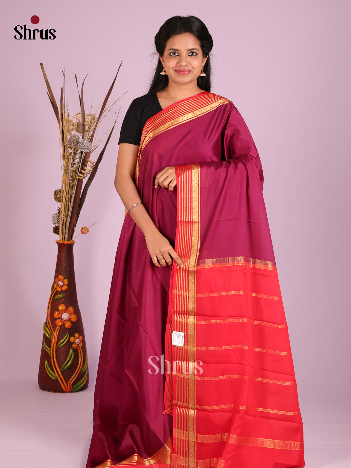 Maroon & Red- Mysore Silk Saree - Shop on Shrus.com
