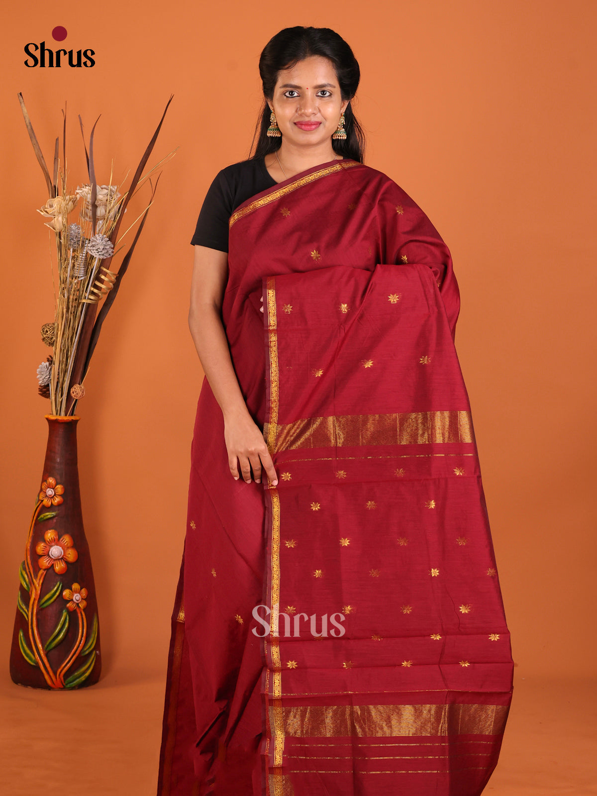 Maroon- Semi Maheshwari Saree - Shop on Shrus.com