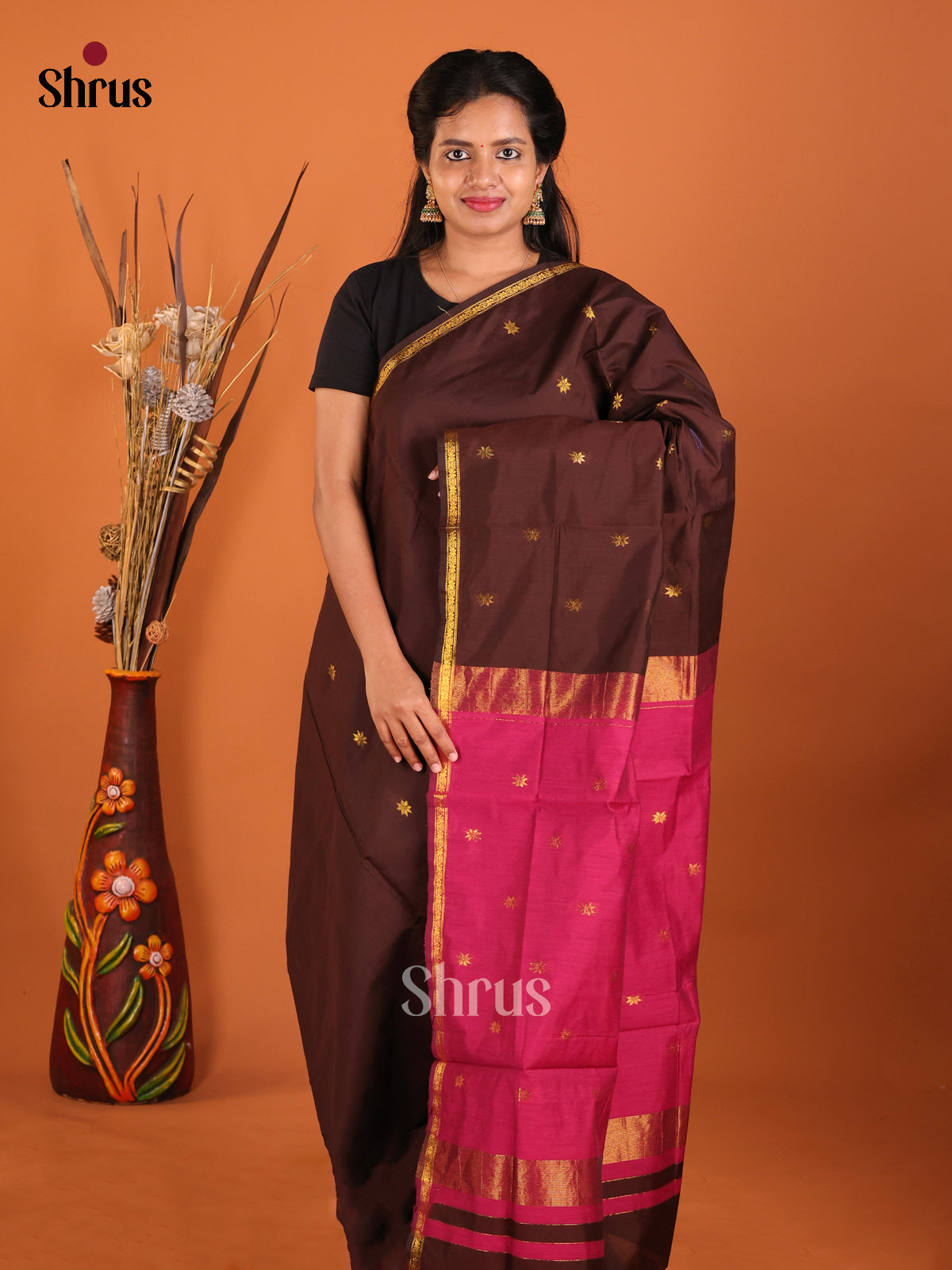 Brown & Pink - Semi Maheshwari Saree
